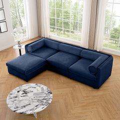 Elegant Blue Chenille  Sofa with Storage Seat and Ottoman, L-Shaped 3-Seater Cylindrical Backrest and Armrests, Contemporary 3-Seater Fabric Couch with Hidden Storage Compartment