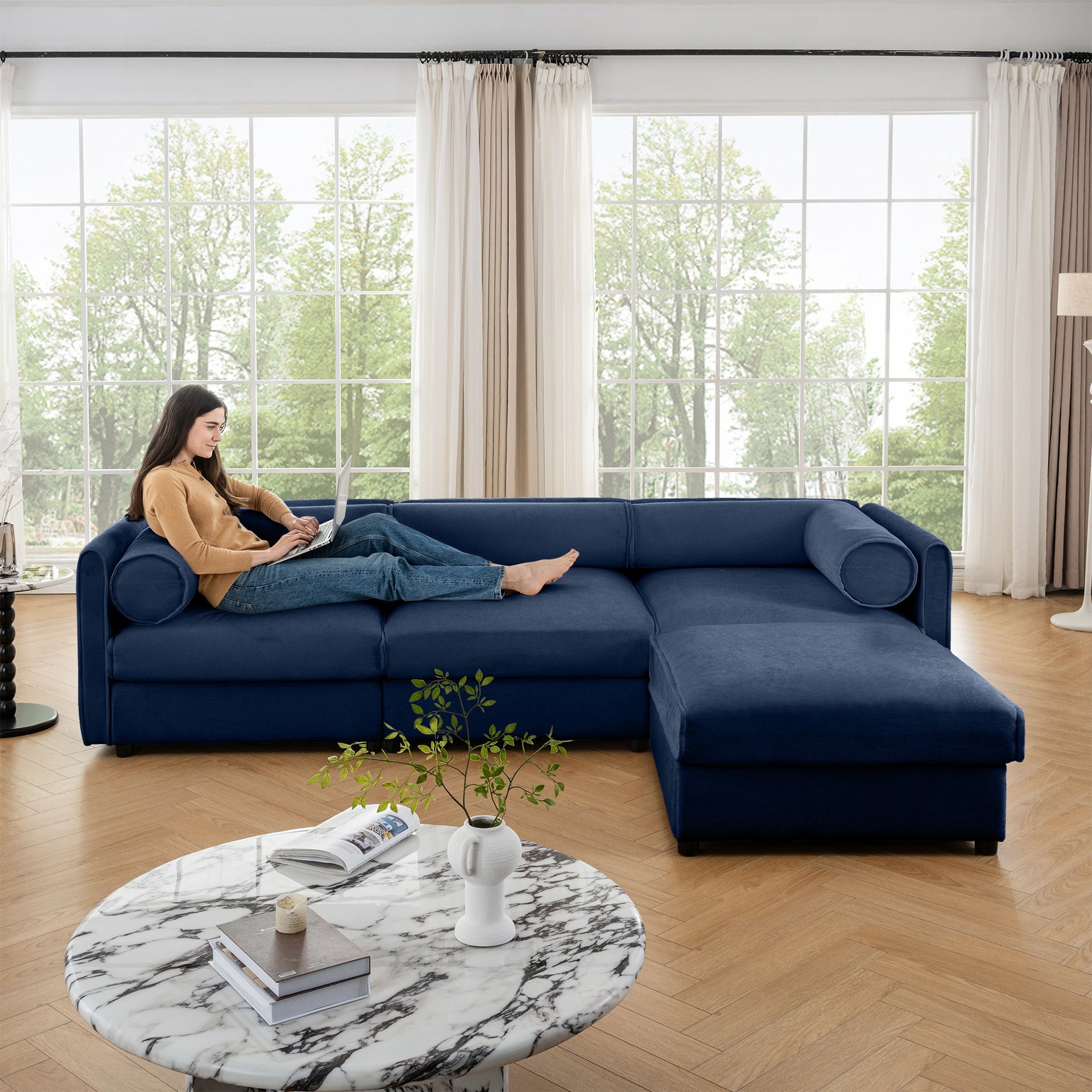 Elegant Blue Chenille  Sofa with Storage Seat and Ottoman, L-Shaped 3-Seater Cylindrical Backrest and Armrests, Contemporary 3-Seater Fabric Couch with Hidden Storage Compartment