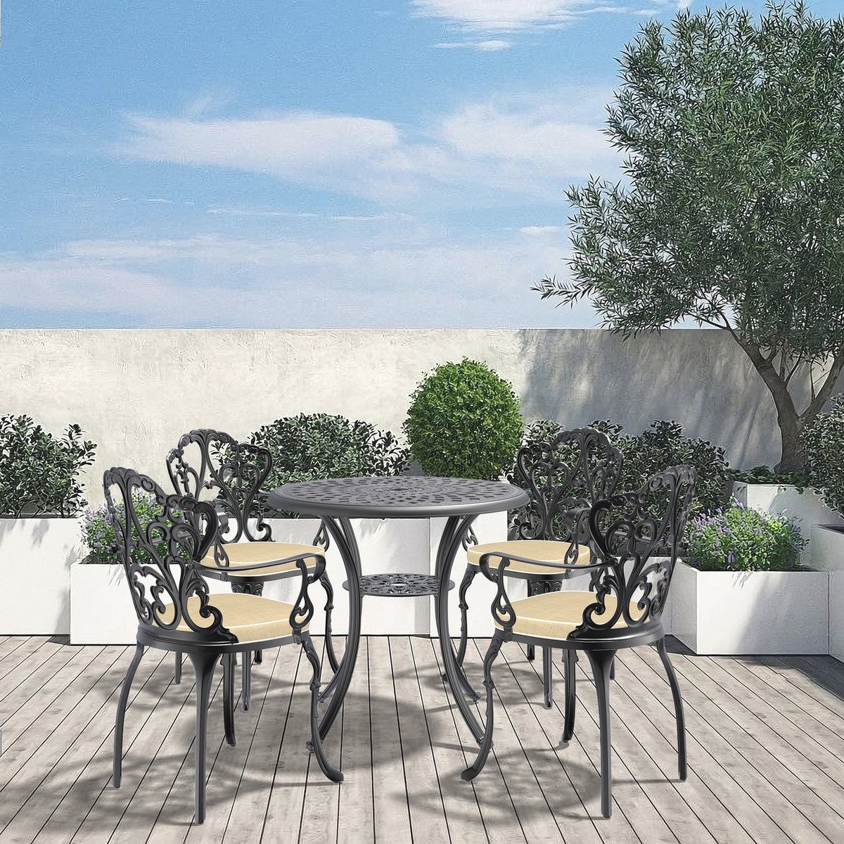 5-Piece Set Of Cast Aluminum Patio Furniture With Black Frame and Off-white Seat Cushions(same sku: W1710S00048)