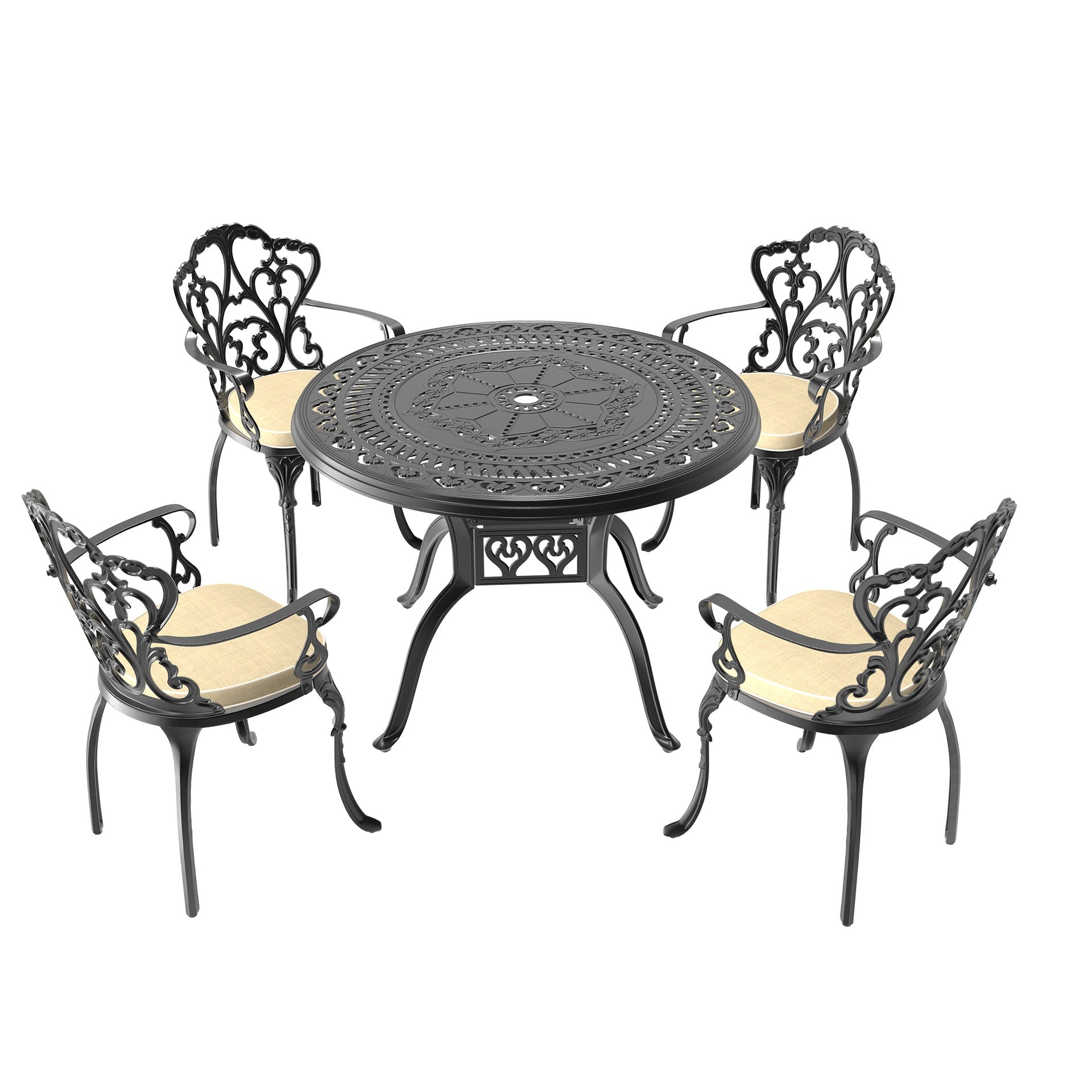 5-Piece Set Of Cast Aluminum Patio Furniture With Black Frame and Off-white Seat Cushions(same sku: W1710S00066)