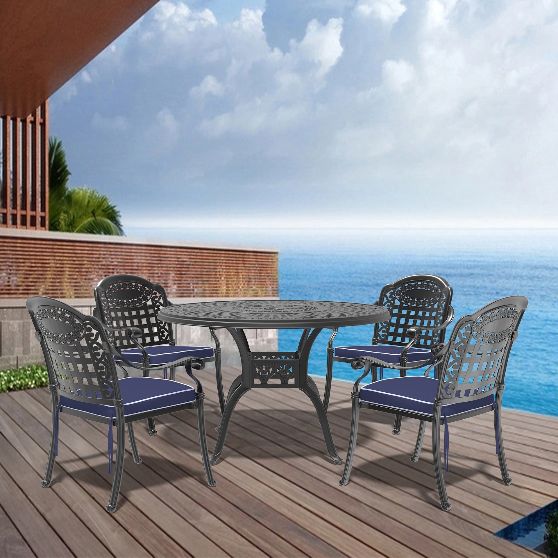 5-Piece Set Of Cast Aluminum Patio Furniture With Black Frame and Blue Seat Cushions(same sku:W1710S00093)