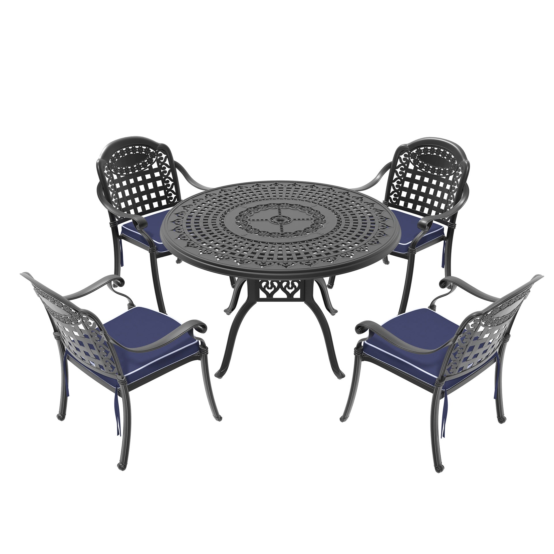 5-Piece Set Of Cast Aluminum Patio Furniture With Black Frame and Blue Seat Cushions(same sku:W1710S00093)