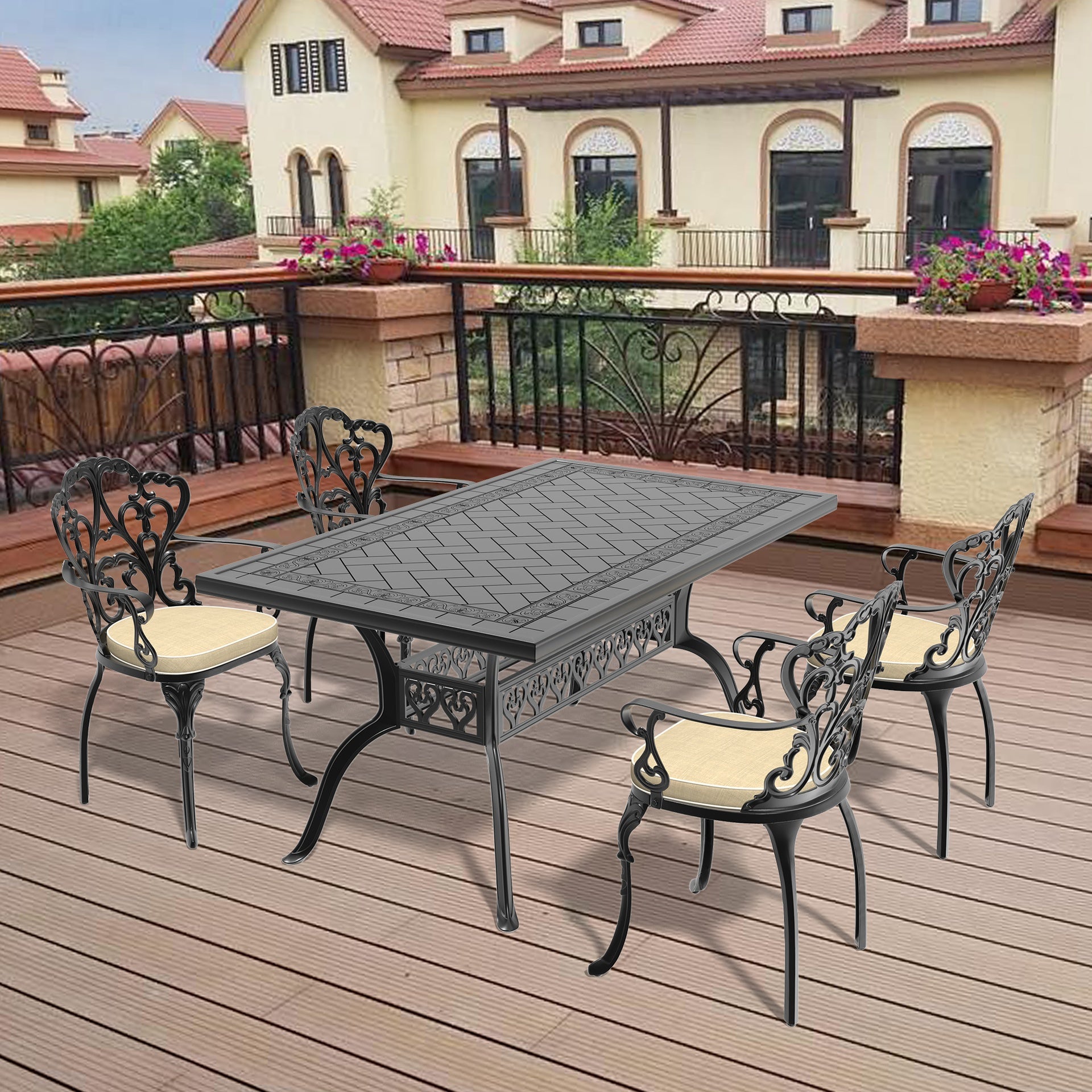 5-Piece Set Of Cast Aluminum Patio Furniture With Black Frame and Off-white Seat Cushions(same sku: W1710S00083)