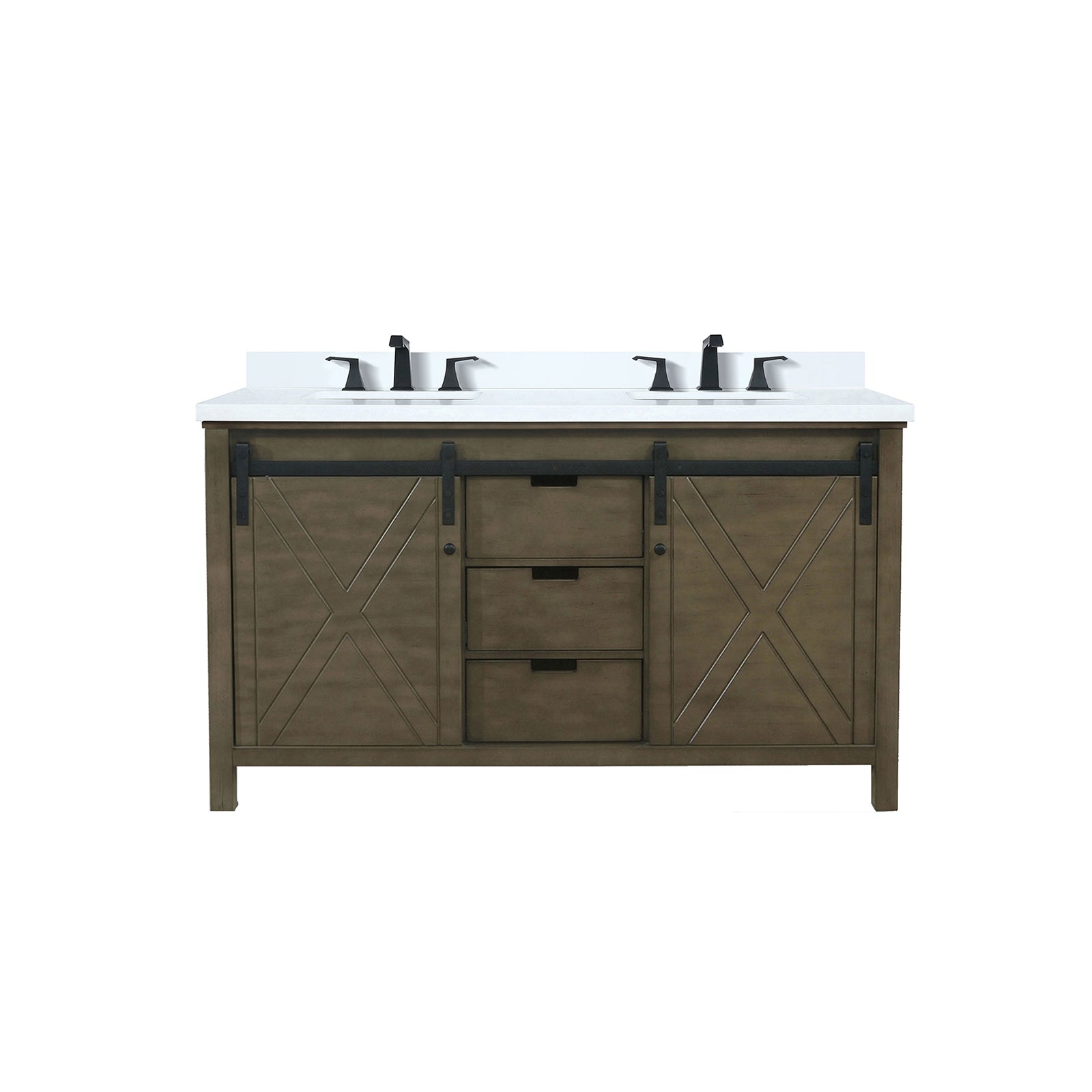 Rustic Brown Double Bath Vanity 60 in. W x 22 in. D, White Quartz Countertop and Faucet Set