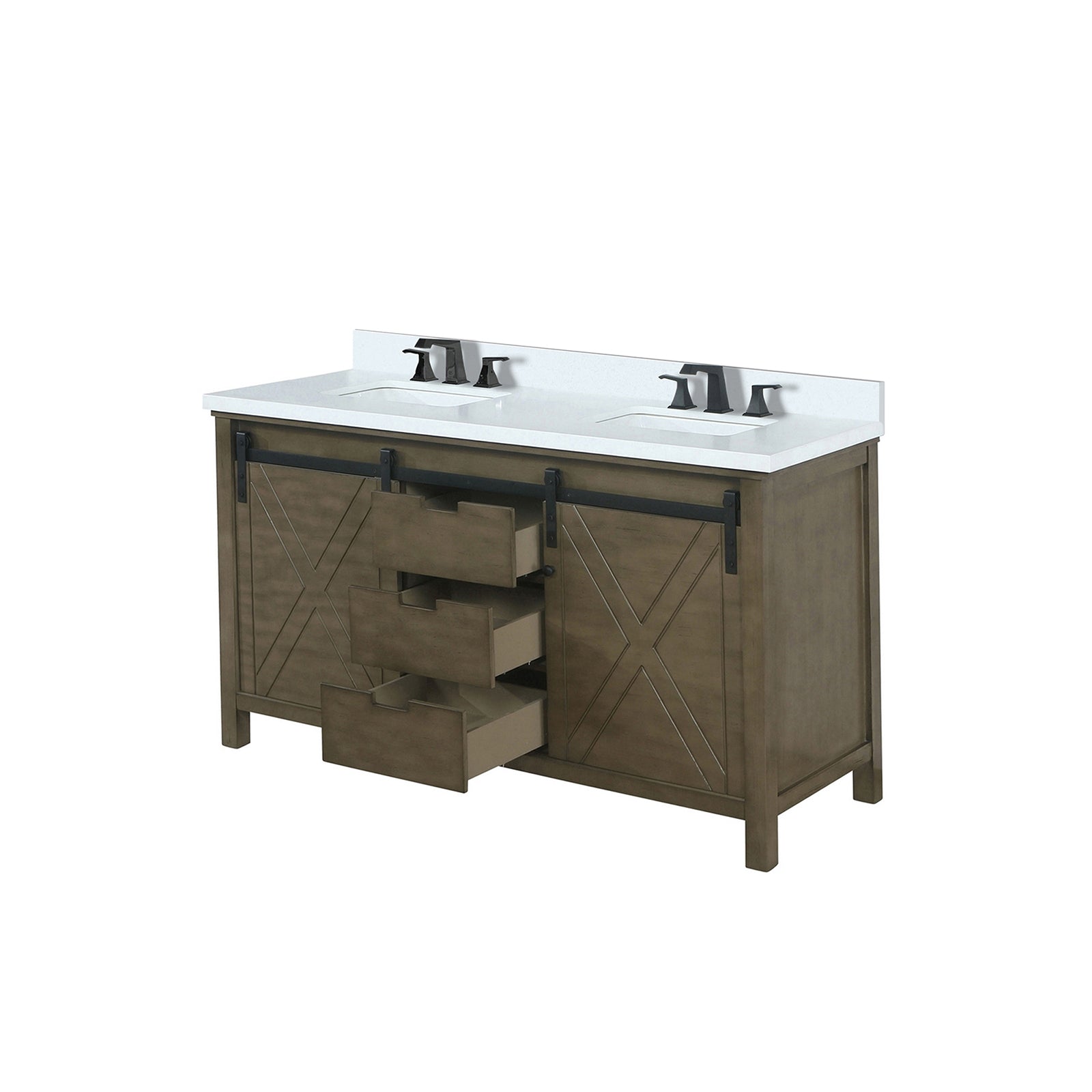 Rustic Brown Double Bath Vanity 60 in. W x 22 in. D, White Quartz Countertop and Faucet Set