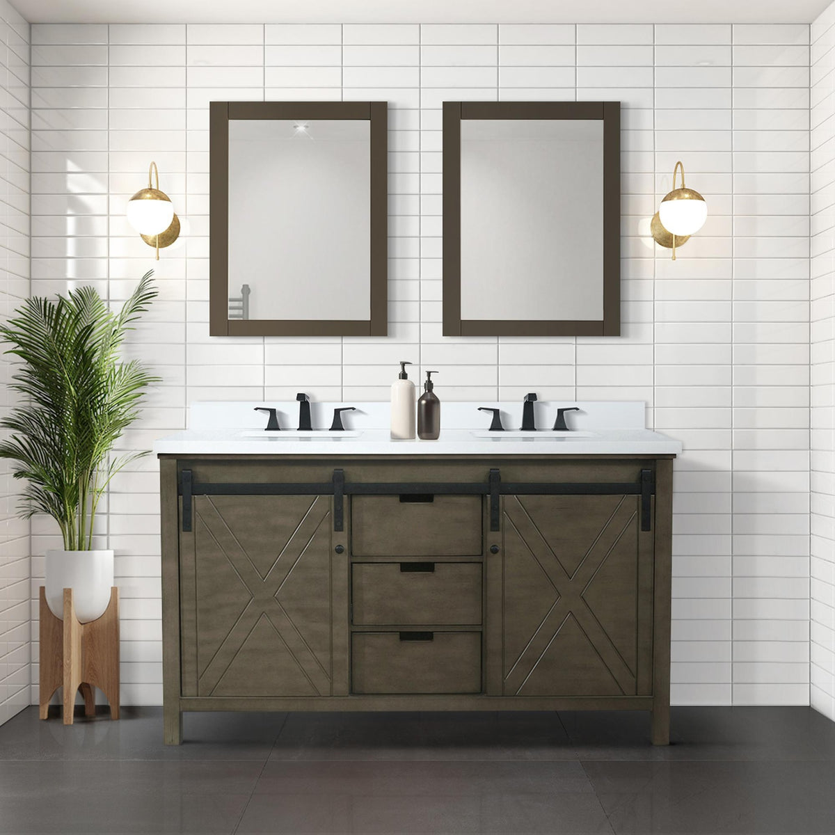 Rustic Brown Double Bath Vanity 60 in. W x 22 in. D, White Quartz Countertop and Faucet Set