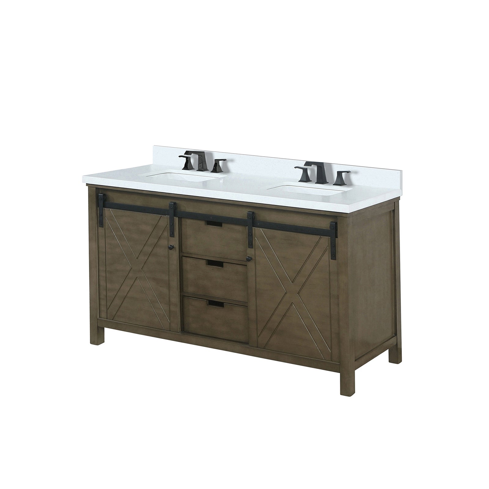 Rustic Brown Double Bath Vanity 60 in. W x 22 in. D, White Quartz Countertop and Faucet Set