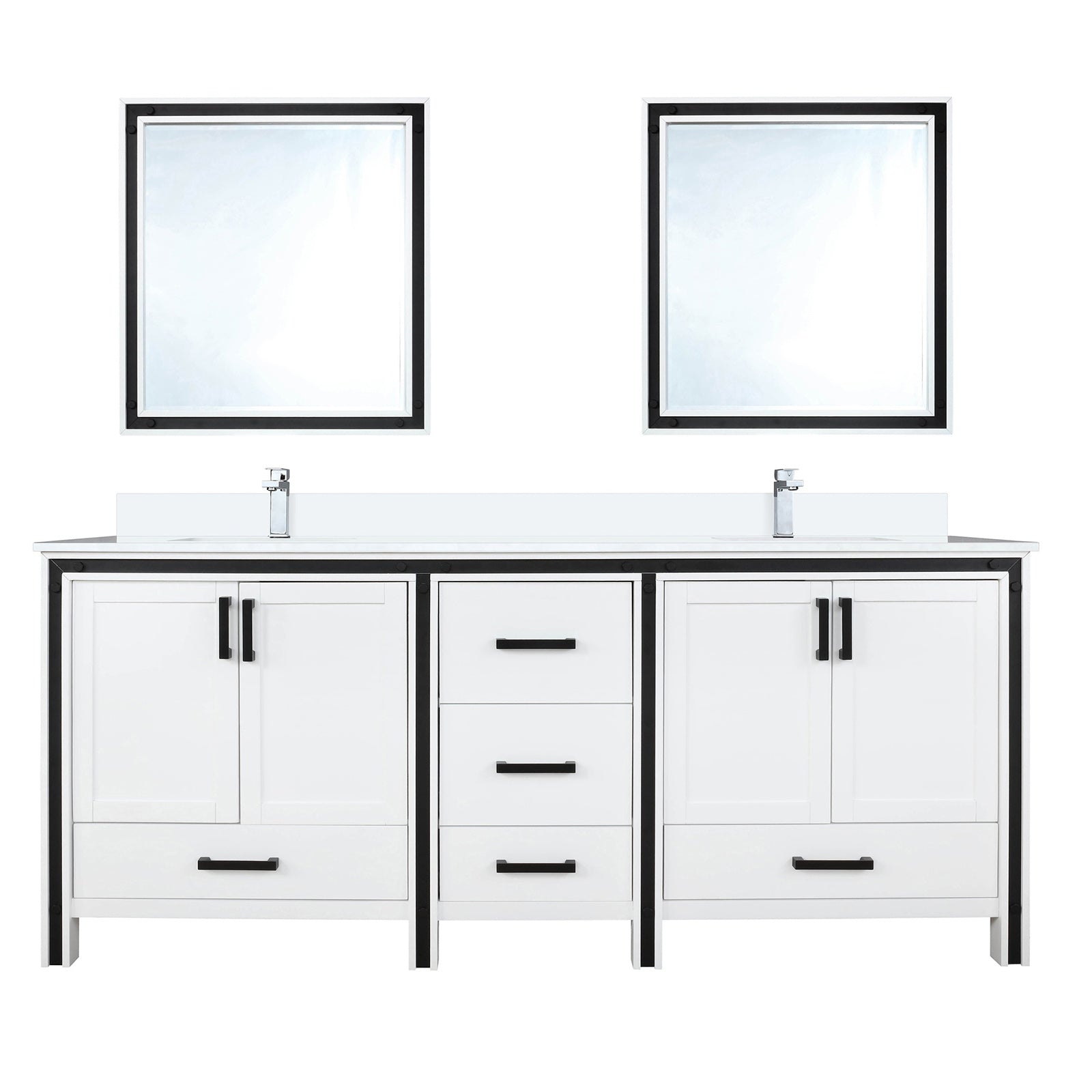 White Double Bath Vanity 72 in. W x 22 in. D, White Quartz Top, Faucet Set and 30 in. Mirrors