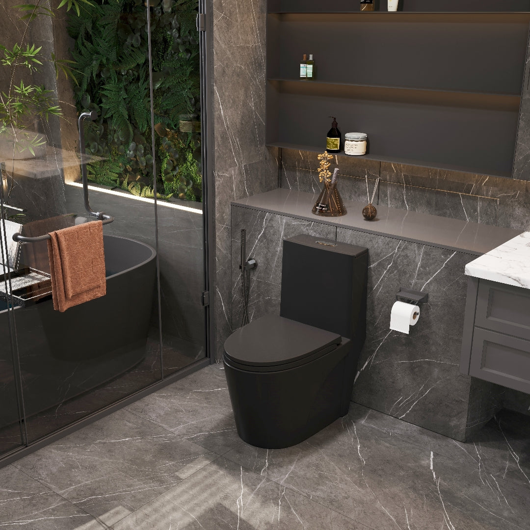 1.1/1.6 GPF Tornado Flush One-Piece Toilet for bathrooms,Siphonic S-trap 12",Elongated Bowl with Soft Close Seat,Powerful Dual Flush MAP 1000g,Comfort Chair Seat ADA Height 17", Matte black  26T01-MB