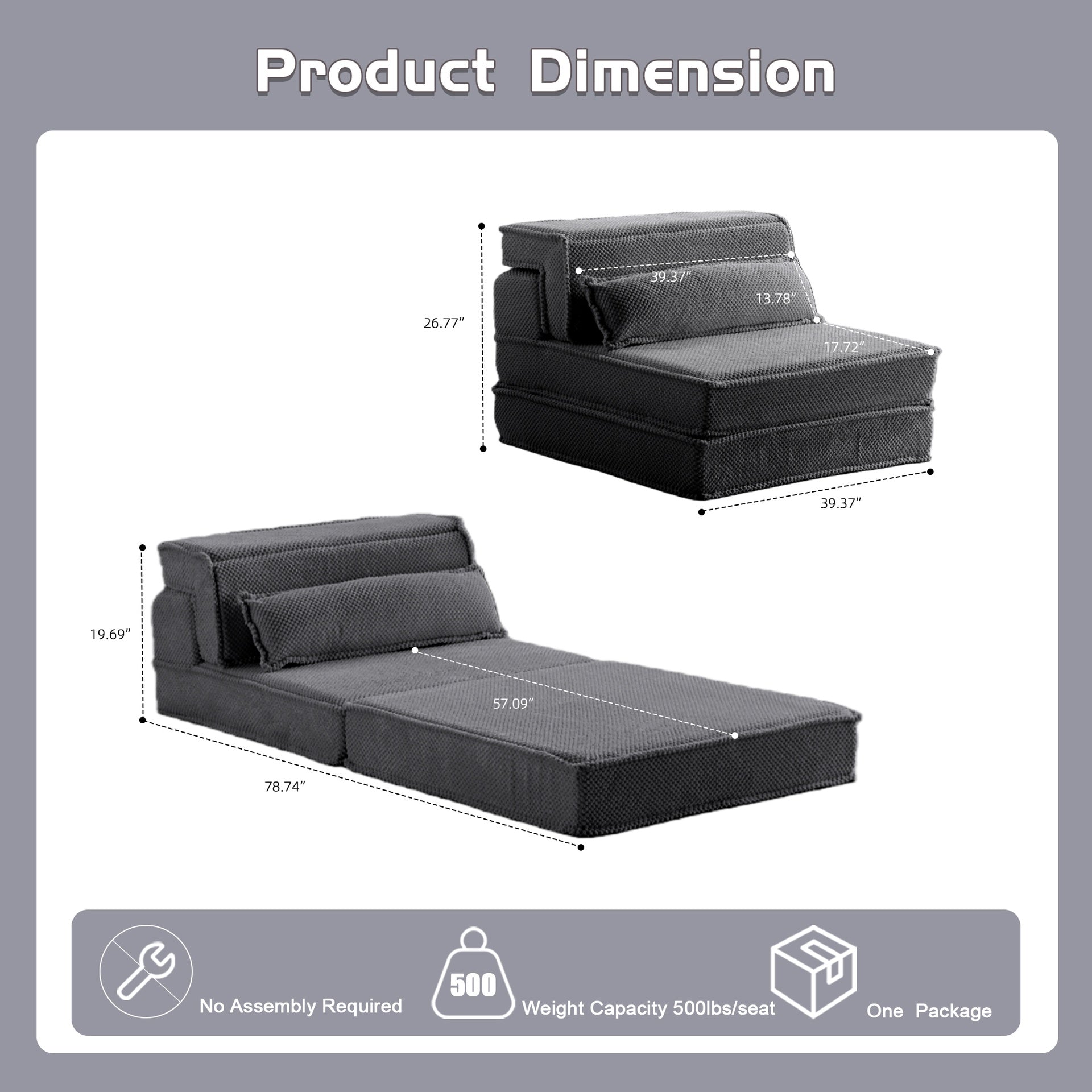 Compression Mahjong Sofa,Convertible Floor Sofa Bed,DIY Boneless Modular Sectional Sofa,No Assembly Required,Circle fleece fabric,Oversized Single Sofa with 1 Pillow,Dark Grey