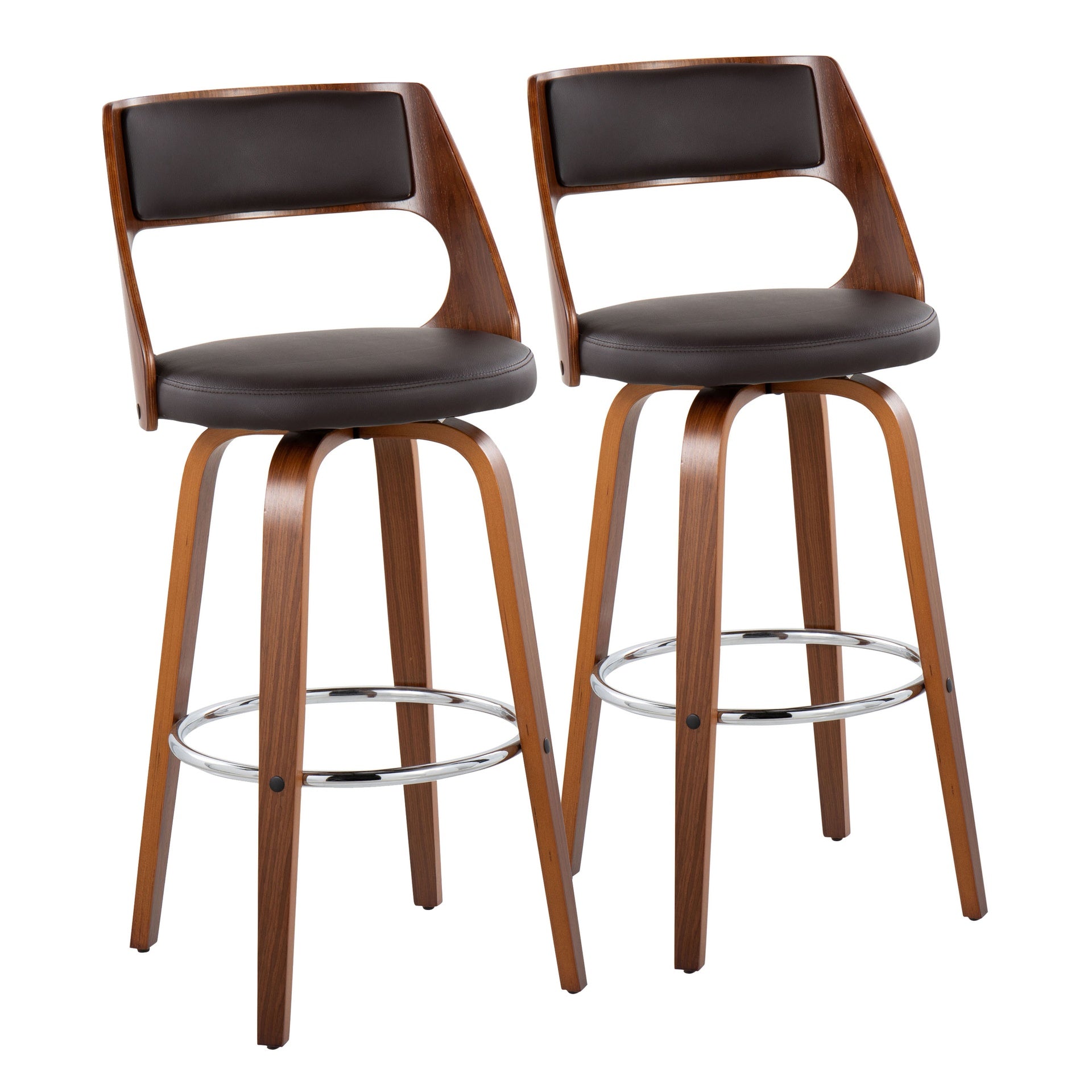 Cecina Mid-Century Modern Barstool with Swivel in Walnut and Brown Faux Leather by LumiSource - Set of 2