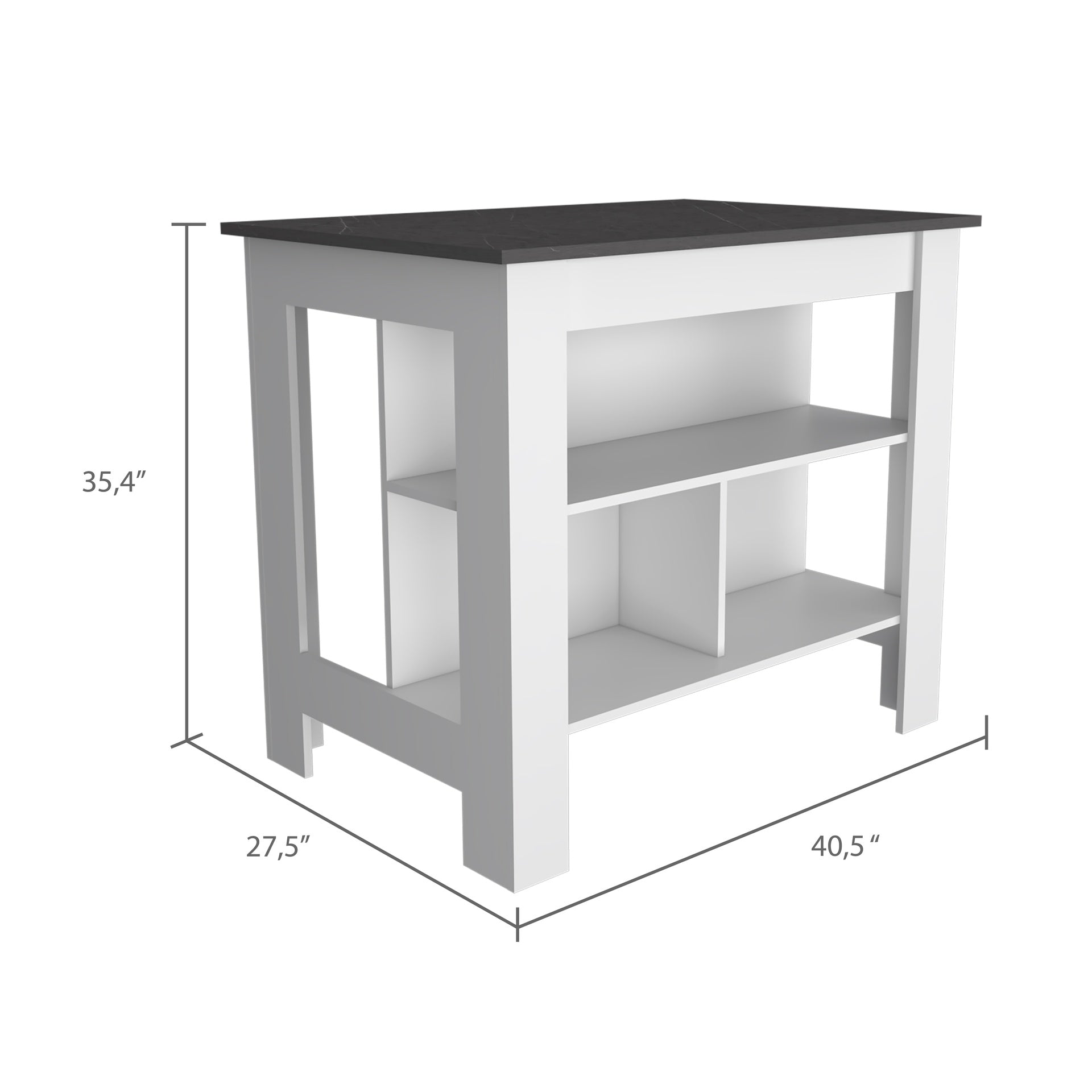 Cala Kitchen Island, Four Legs, Three Shelves  -White / Onyx