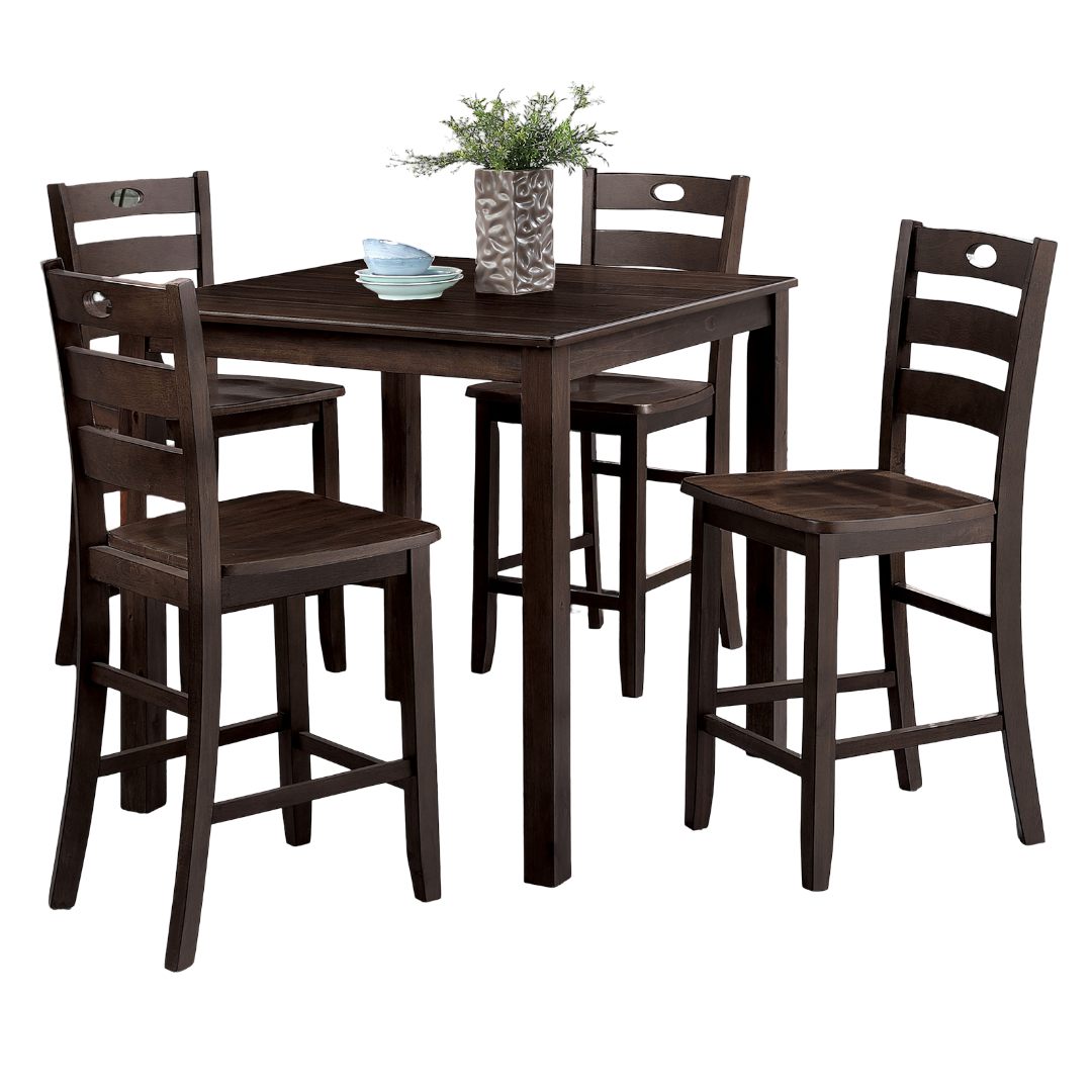 Transitional Style Espresso Finish 5pc Dining Table Set 1x Square Counter Height Dining Table 4x Slat Back Chairs Dining Room