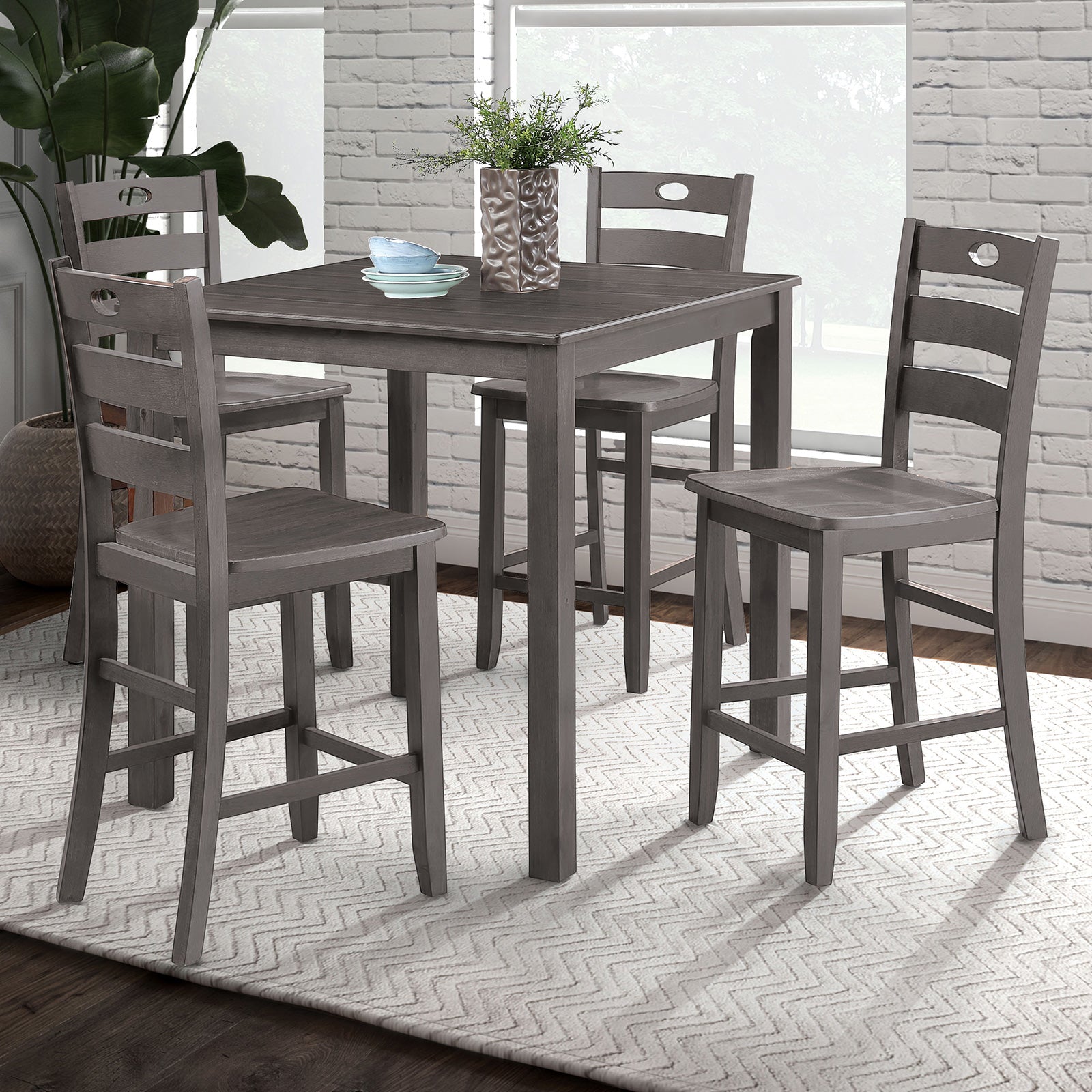 Gray Finish 5pc Dining Table Set 1x Counter HT. Table 4x Slat Back Chairs Transitional Style Dining Room