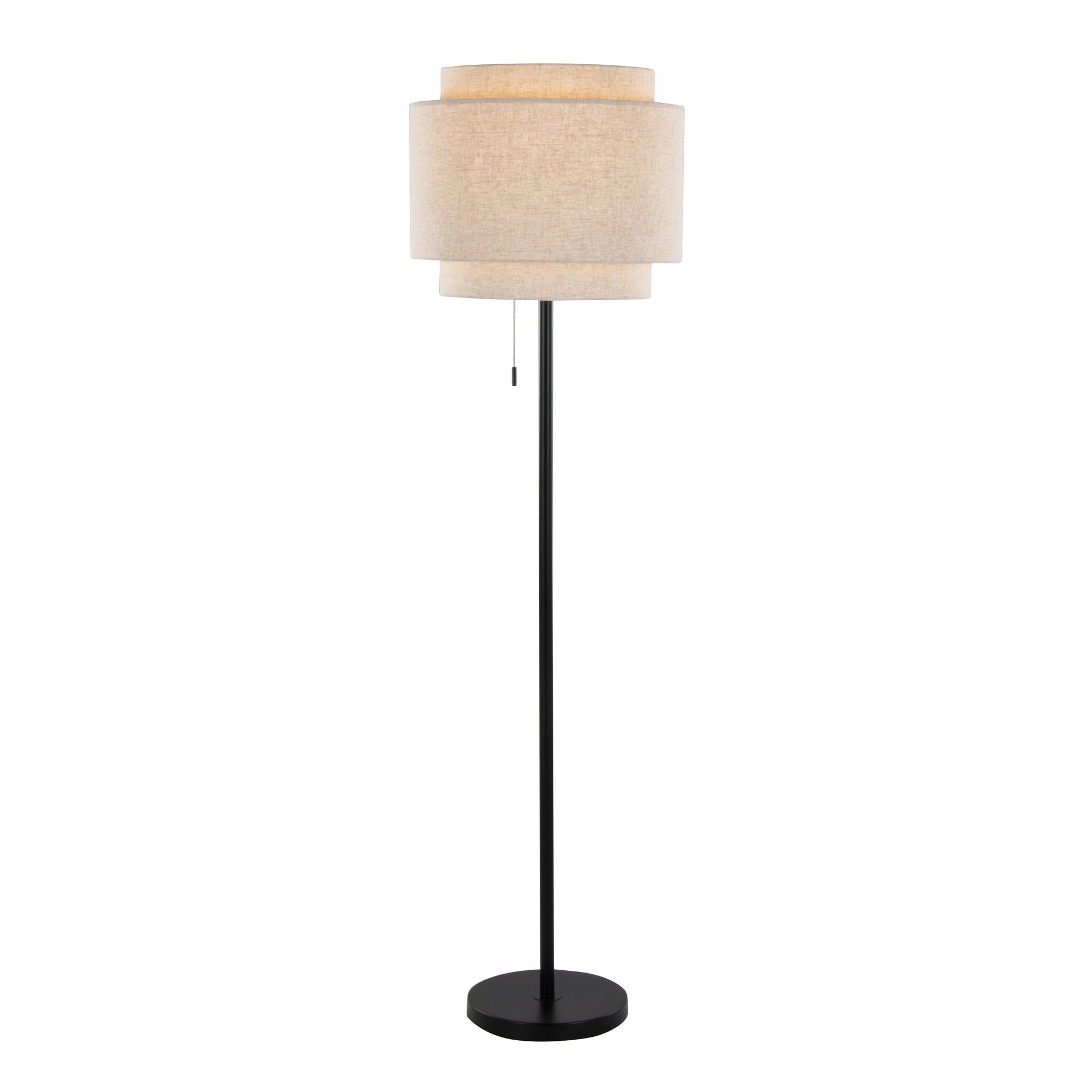 Tier 64" Contemporary Metal Floor Lamp in Black Metal with Beige Linen Shade