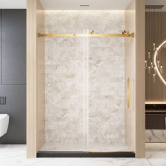 Frameless Single sliding shower door  56-60 "W x 76" H, 1/4 "(6 mm) Clear Tempered Glass, Explosion Proof Film, Stainless Steel Handle Square Tube Track ,Brushed Gold