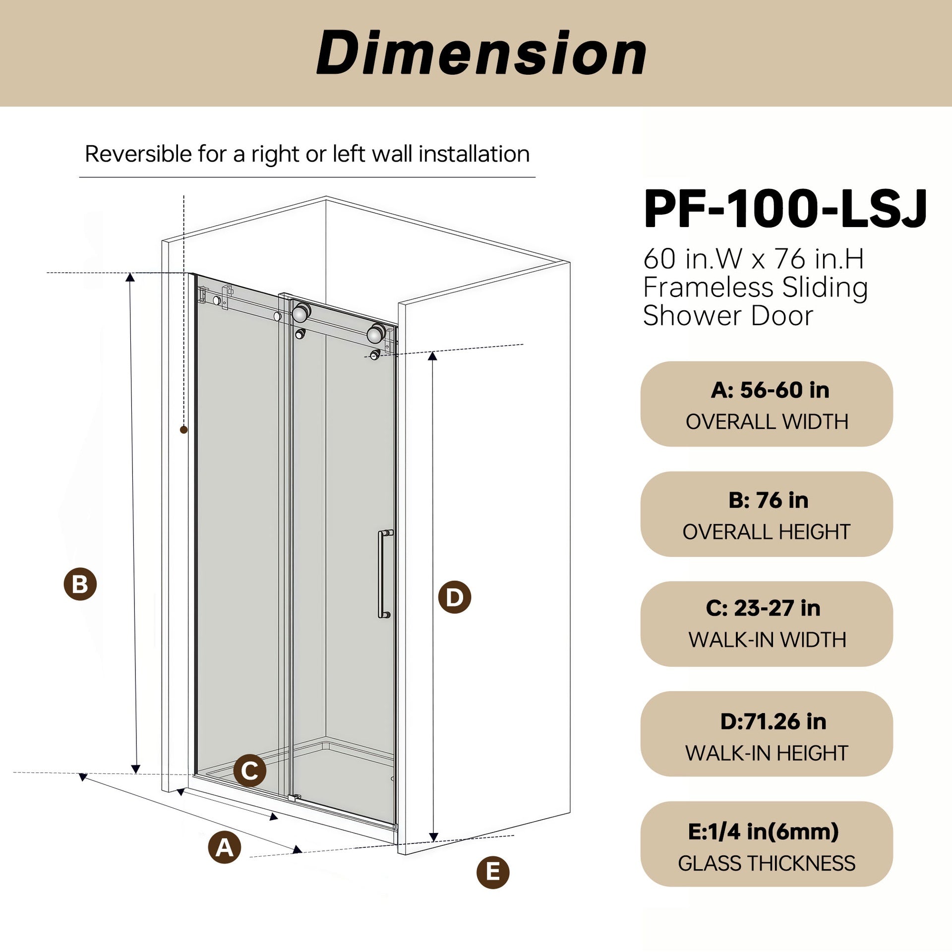 Frameless Single sliding shower door  56-60 "W x 76" H, 1/4 "(6 mm) Clear Tempered Glass, Explosion Proof Film, Stainless Steel Handle Square Tube Track ,Brushed Gold