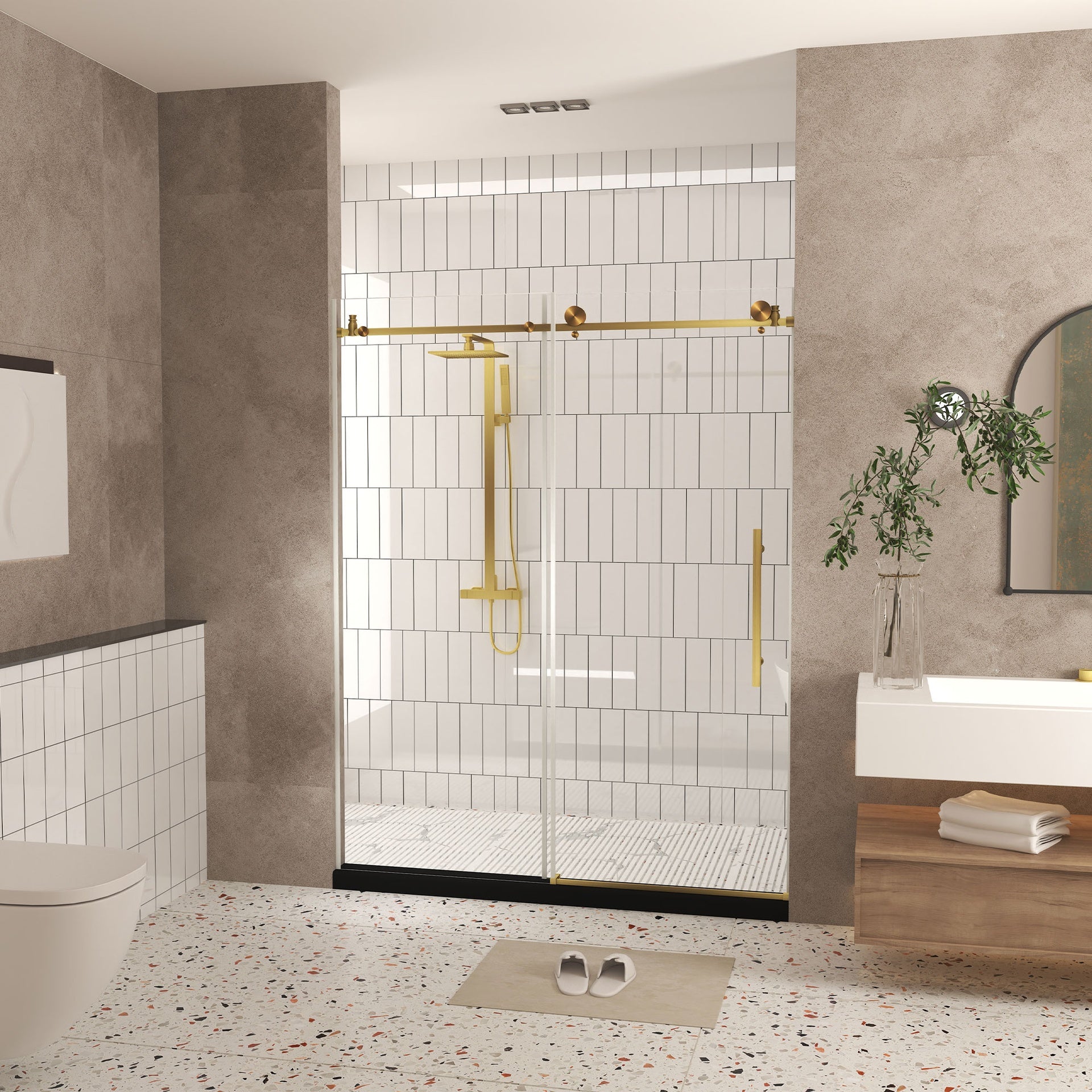 Frameless shower door 56-60 "W x 76" H, 1/4 "(6 mm) Clear Tempered Glass, Explosion Proof Film, Stainless Steel Handle,Brushed Gold