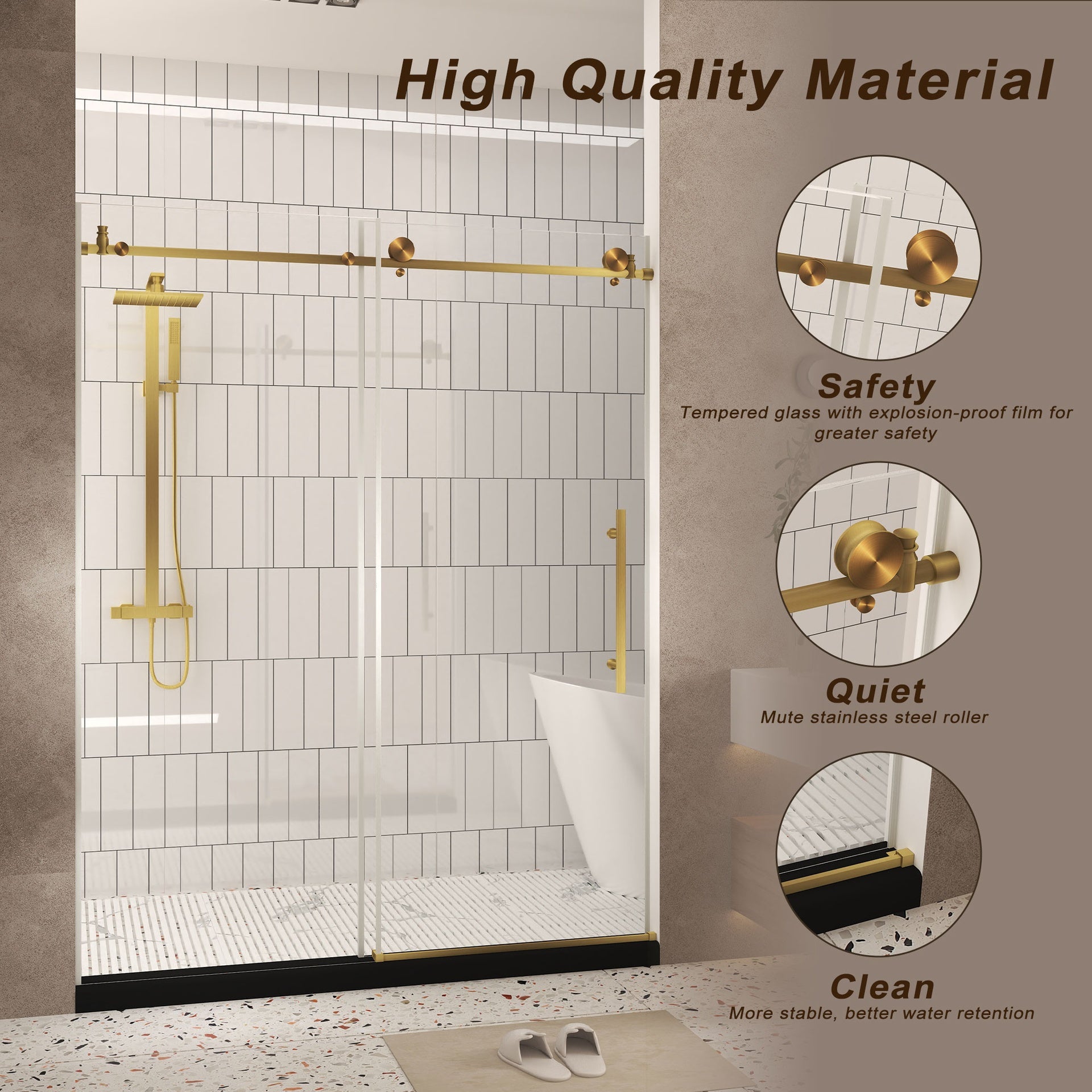 Frameless shower door 56-60 "W x 76" H, 1/4 "(6 mm) Clear Tempered Glass, Explosion Proof Film, Stainless Steel Handle,Brushed Gold