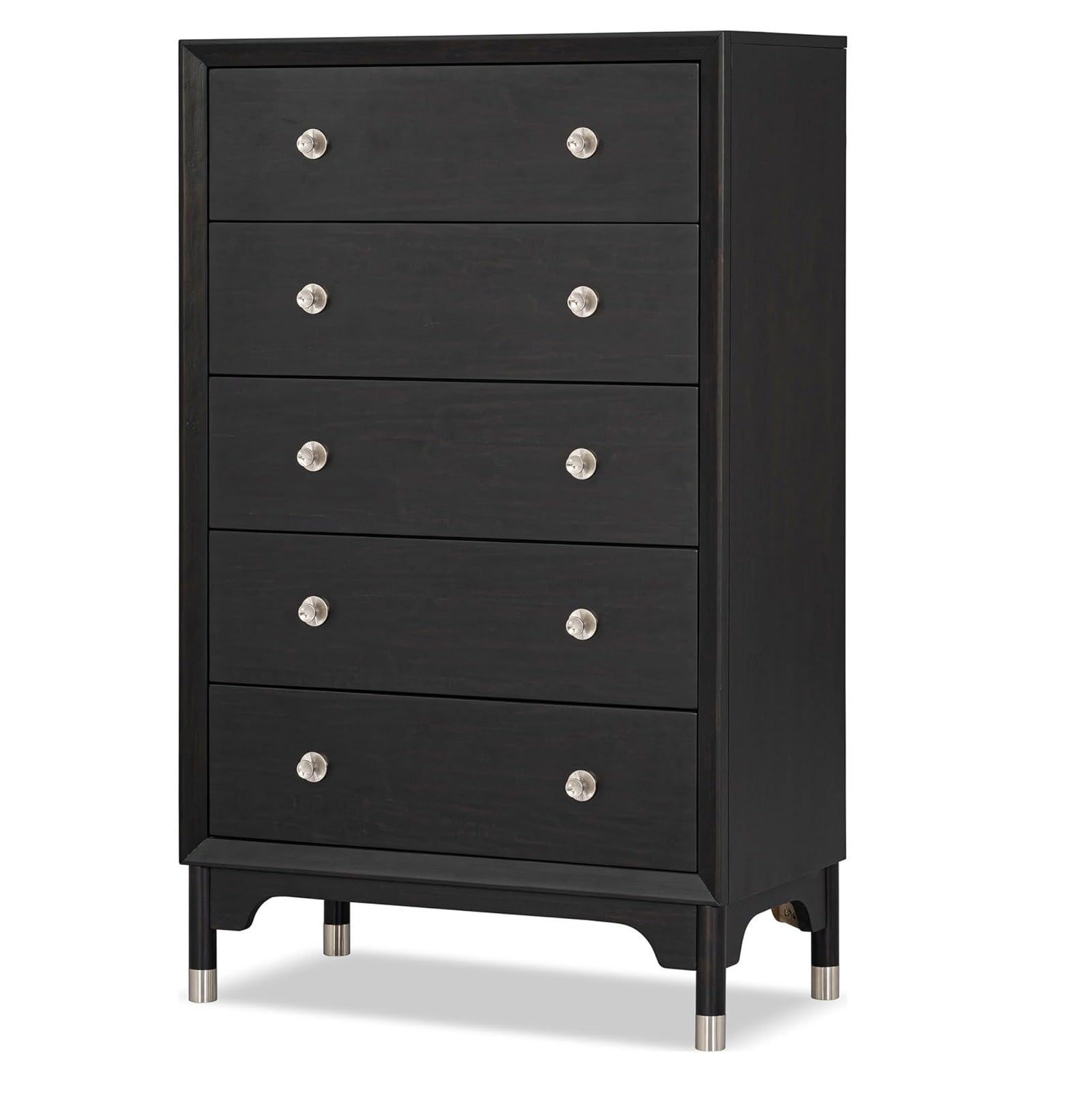 1pc Mid-Century Modern Black Color Silver-Capped Legs Five-Drawers Tall Chest Wooden English Dovetail