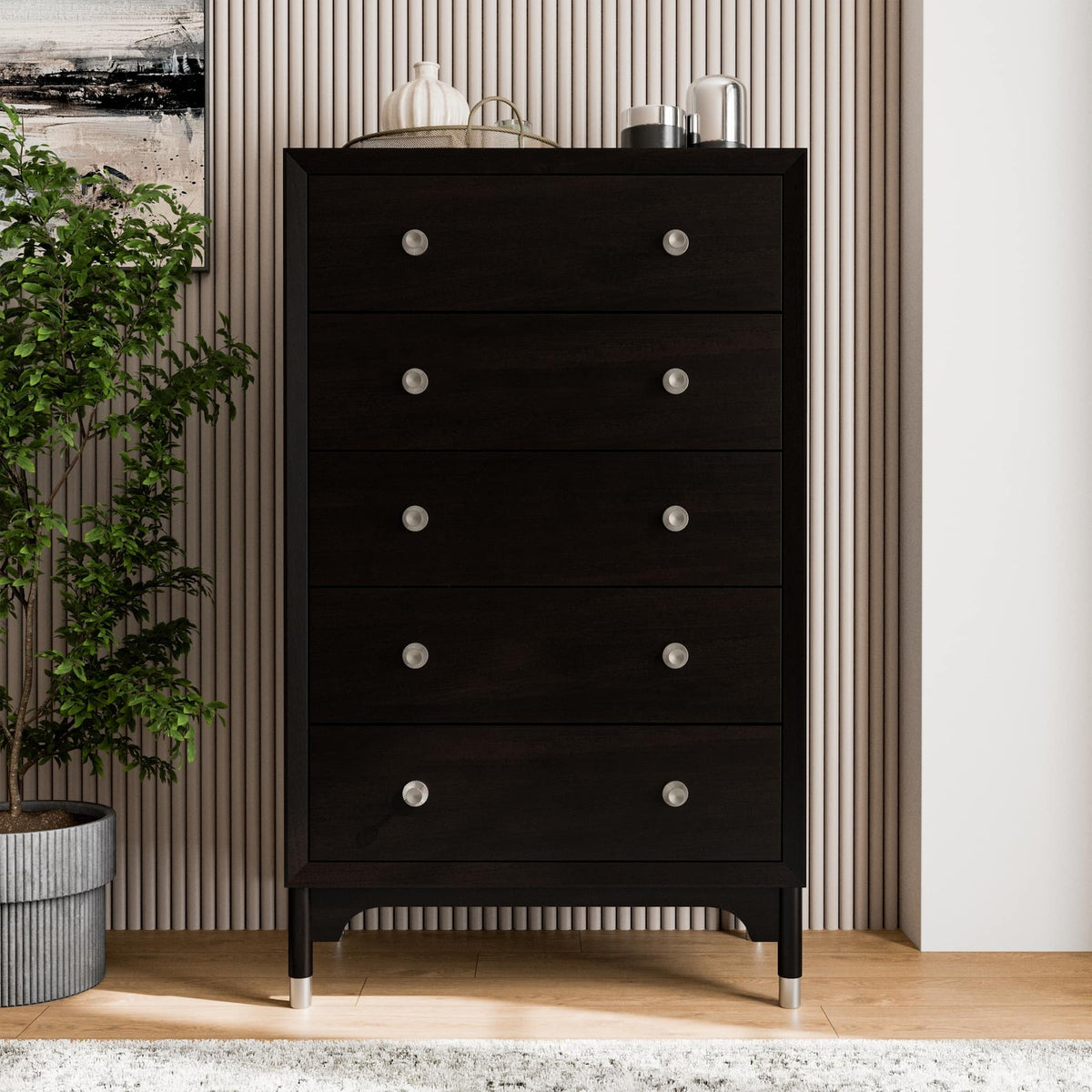1pc Mid-Century Modern Black Color Silver-Capped Legs Five-Drawers Tall Chest Wooden English Dovetail