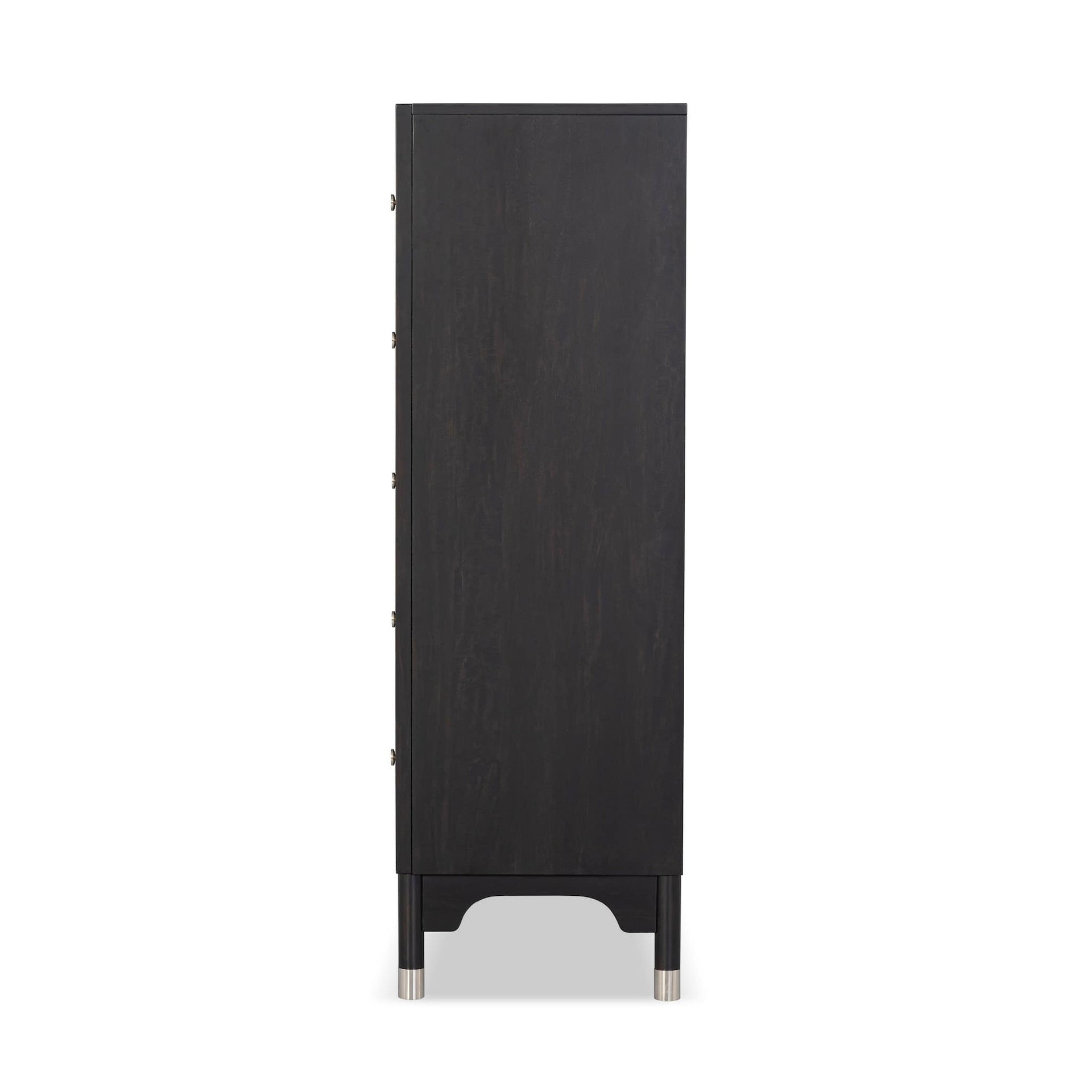 1pc Mid-Century Modern Black Color Silver-Capped Legs Five-Drawers Tall Chest Wooden English Dovetail