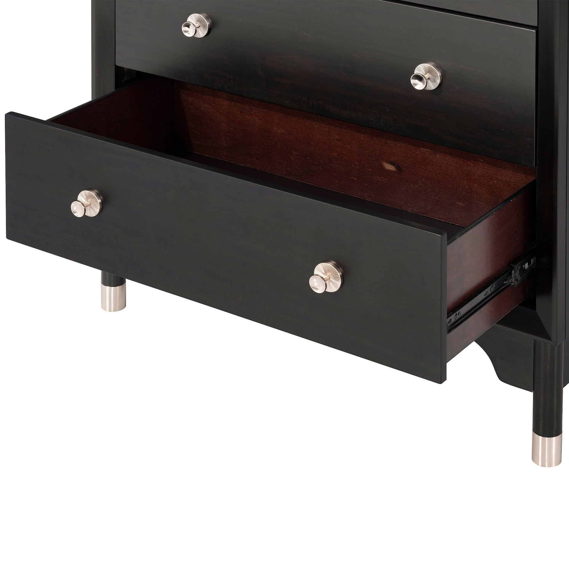 1pc Mid-Century Modern Black Color Silver-Capped Legs Five-Drawers Tall Chest Wooden English Dovetail