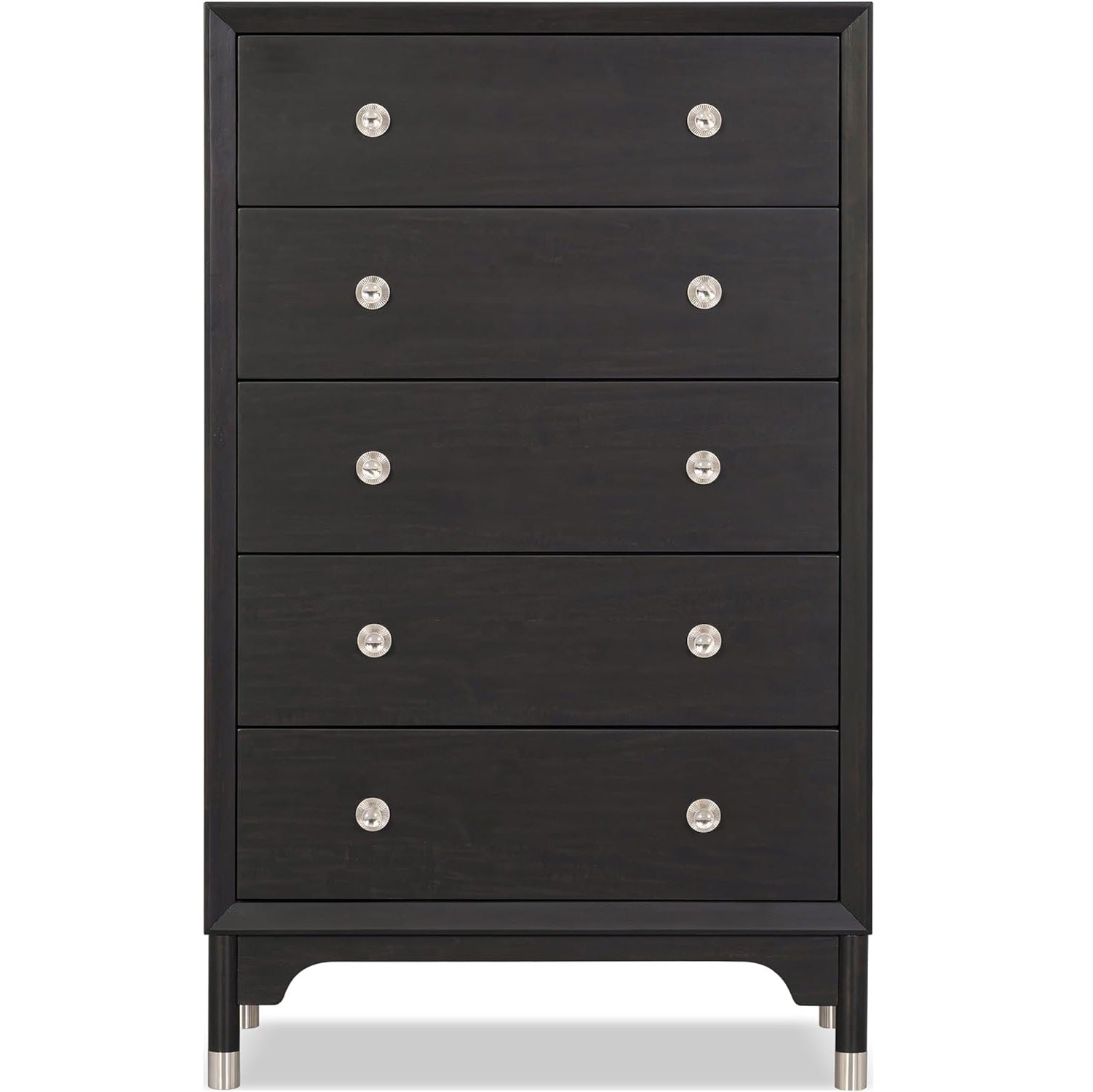 1pc Mid-Century Modern Black Color Silver-Capped Legs Five-Drawers Tall Chest Wooden English Dovetail