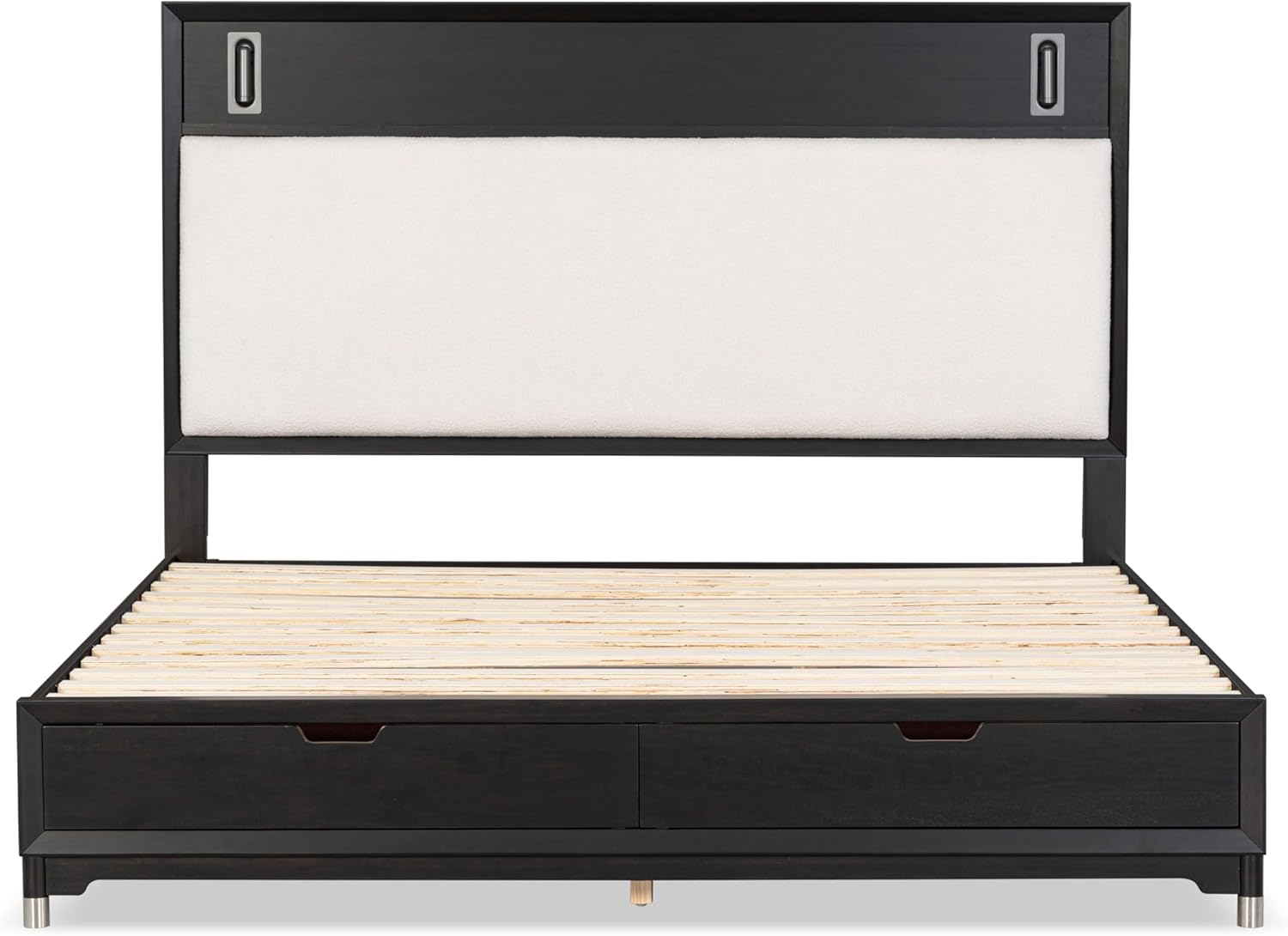 Mid-Century Modern 1pc Eastern King Size Bed w Storage Drawers Black Solid wood Upholstered HB Reading Light Bedroom Furniture