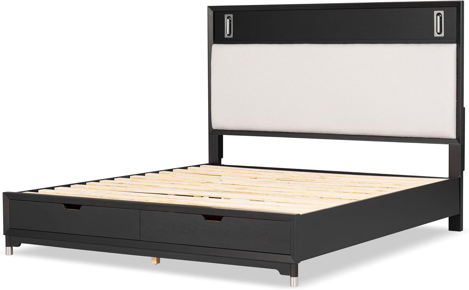 Mid-Century Modern 1pc Eastern King Size Bed w Storage Drawers Black Solid wood Upholstered HB Reading Light Bedroom Furniture