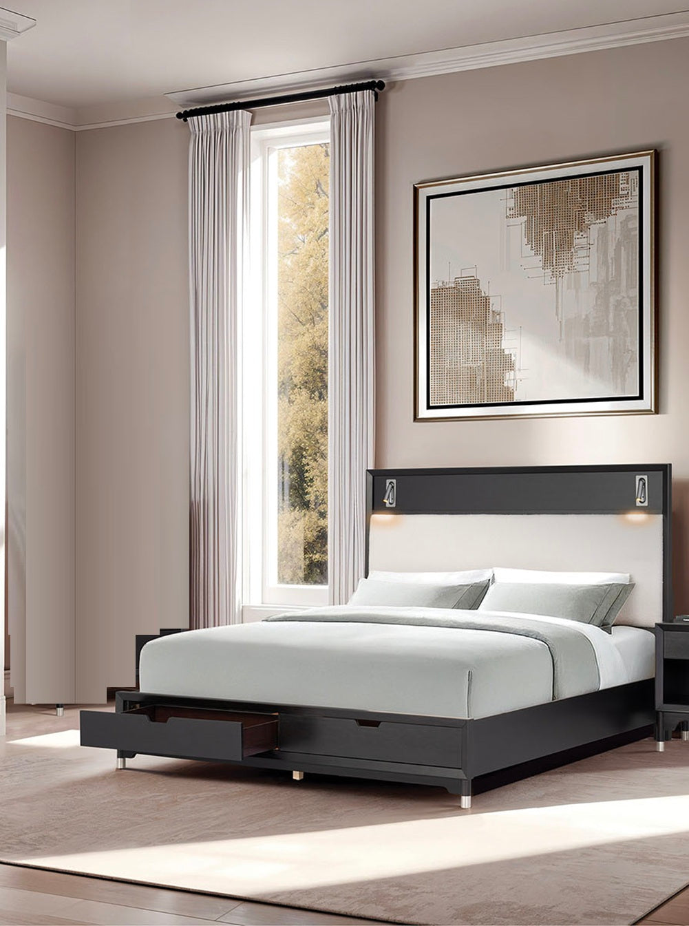 Mid-Century Modern 1pc Eastern King Size Bed w Storage Drawers Black Solid wood Upholstered HB Reading Light Bedroom Furniture