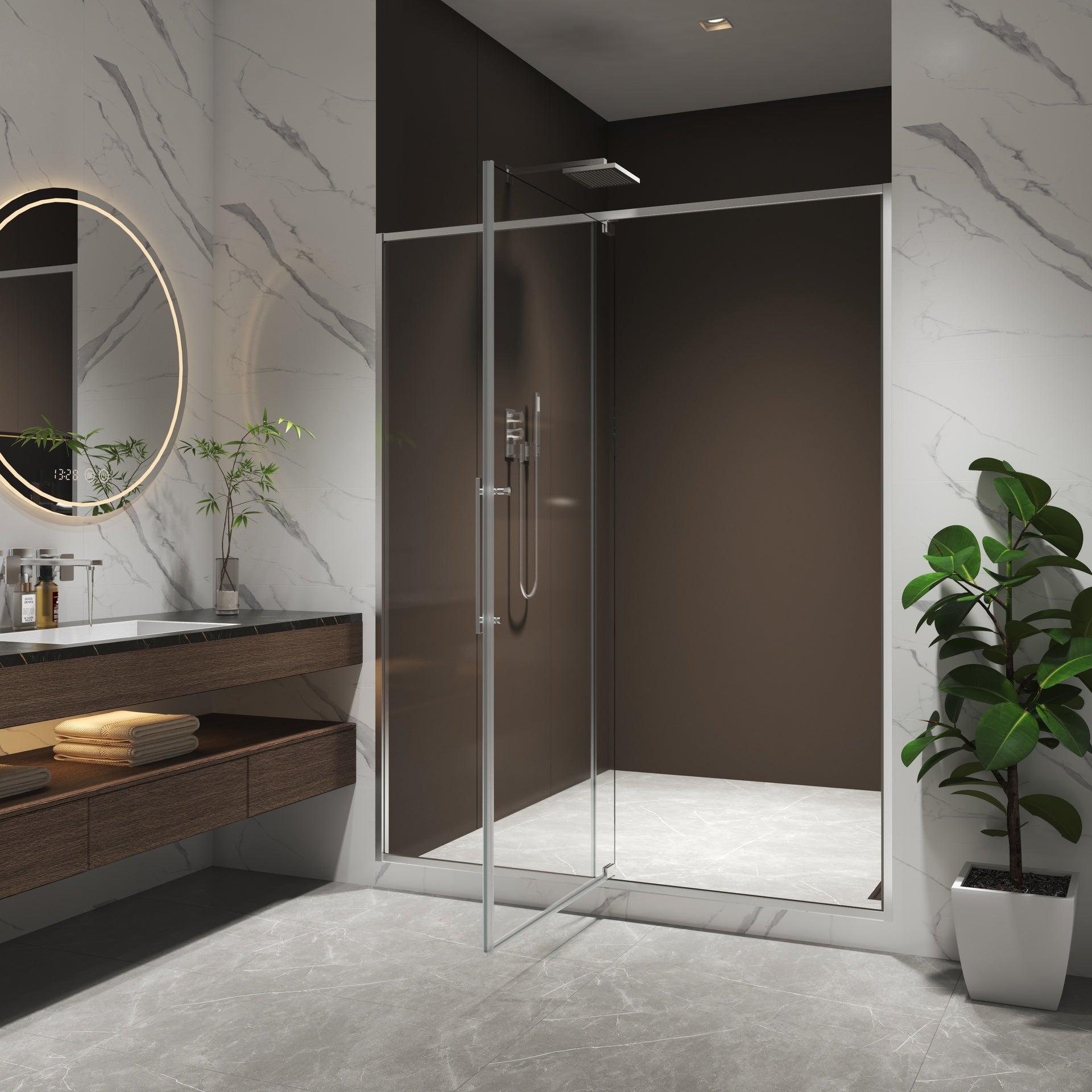 56-60"W X 74"H pivot shower door, open outside, stop at 105 degrees, with 5/16" tempered glass finish Brushed Nickel