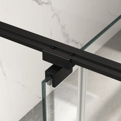 56-60"W X 74"H pivot shower door, open outside, stop at 105 degrees, with 5/16" tempered glass finish Matte Black