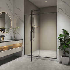 56-60"W X 74"H pivot shower door, open outside, stop at 105 degrees, with 5/16" tempered glass finish Matte Black