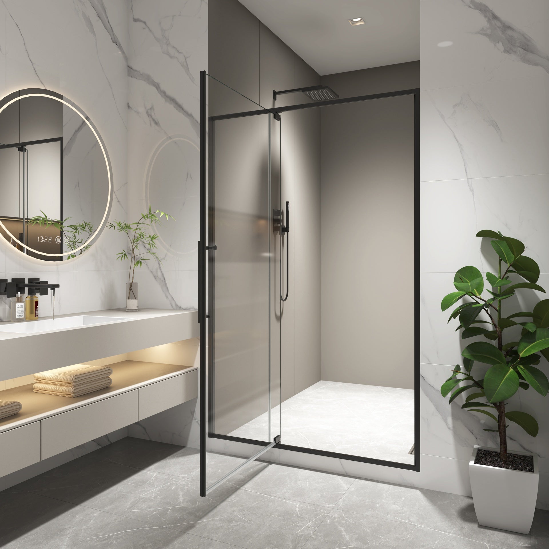 44-48"W X 74"H pivot shower door, open outside, stop at 105 degrees, with 5/16" tempered glass finish Matte Black
