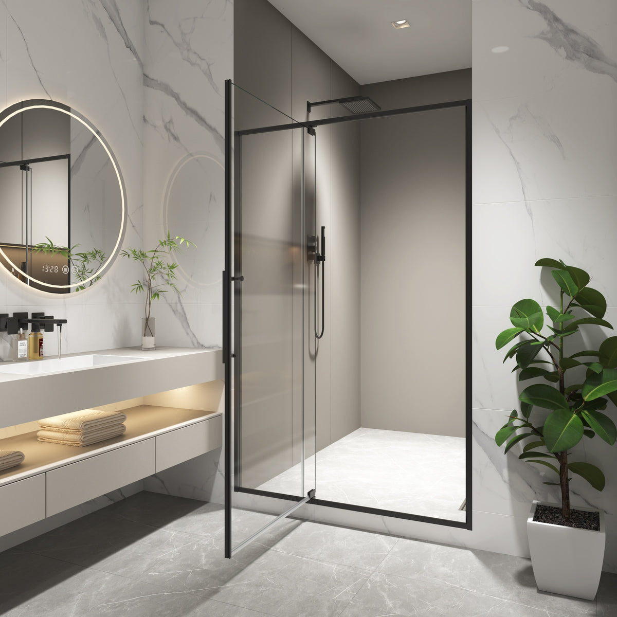 44-48"W X 74"H pivot shower door, open outside, stop at 105 degrees, with 5/16" tempered glass finish Matte Black
