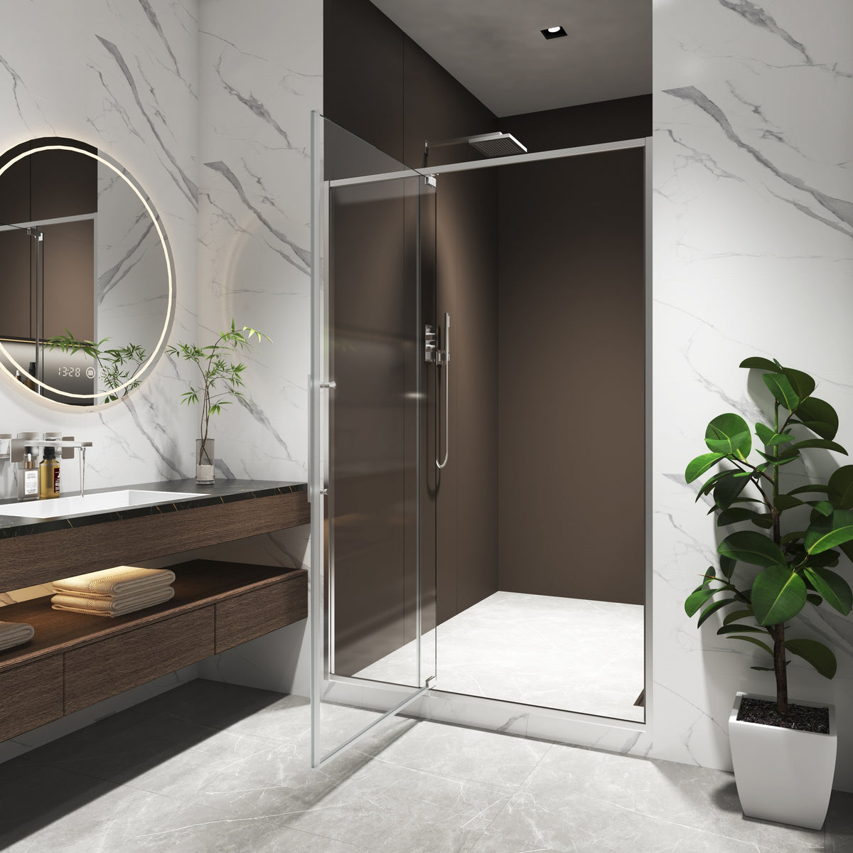 44-48"W X 74"H pivot shower door, open outside, stop at 105 degrees, with 5/16" tempered glass finish Brushed Nickel