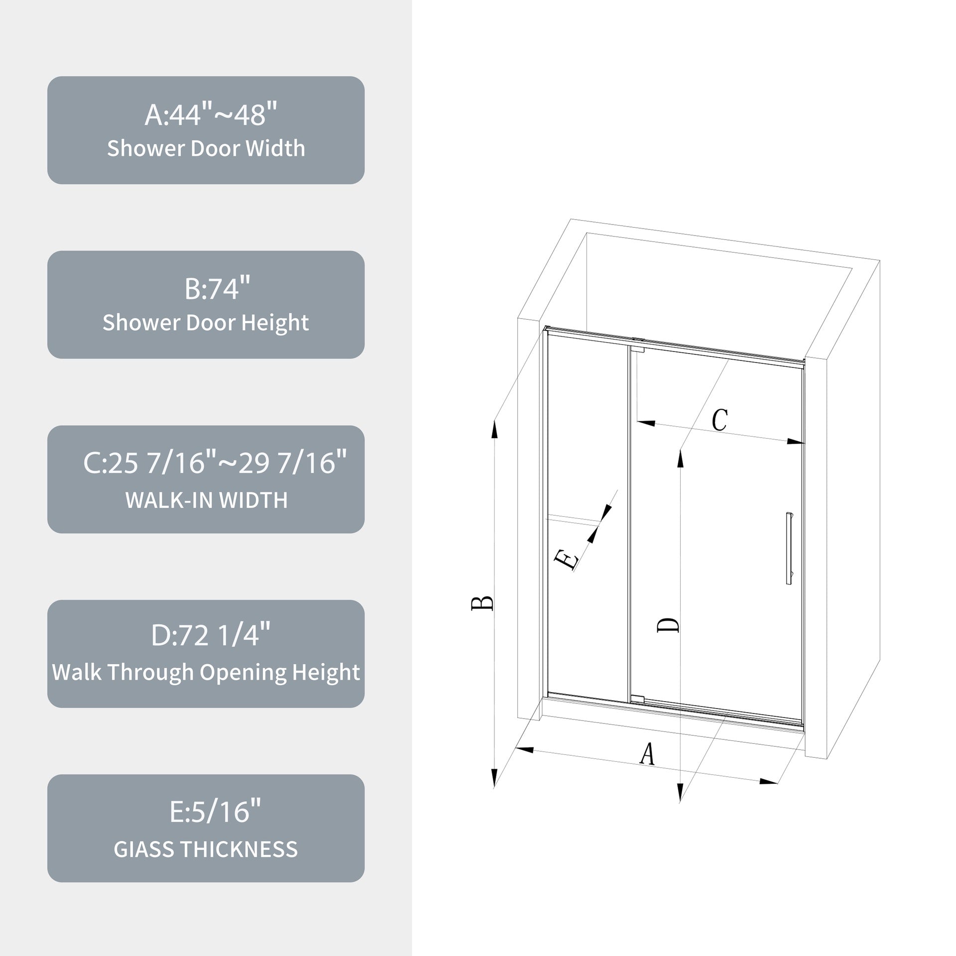 44-48"W X 74"H pivot shower door, open outside, stop at 105 degrees, with 5/16" tempered glass finish Brushed Nickel
