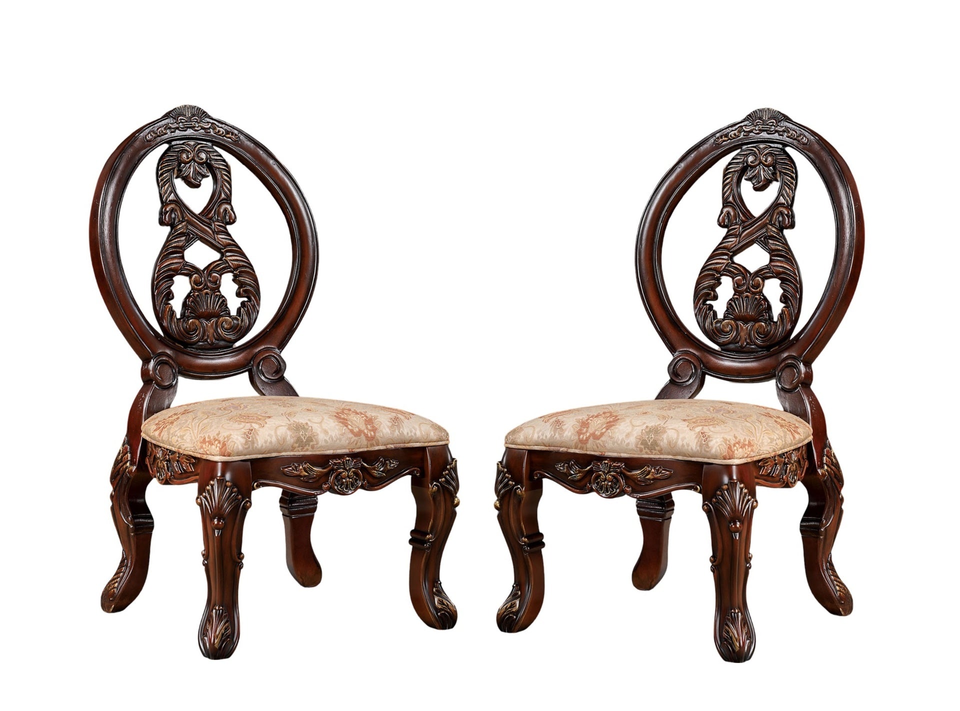 Traditional Brown Cherry 2pcs Side Chairs Tan Fabric Seats w Welt Faux Wood Carved Details Solid wood Dining Room Furniture