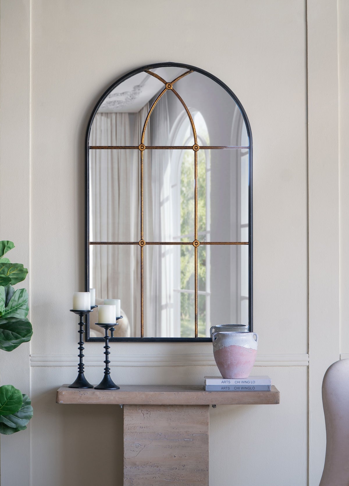 28.3x47" Arched Wall Mirror with Black and Gold Windowpane Design