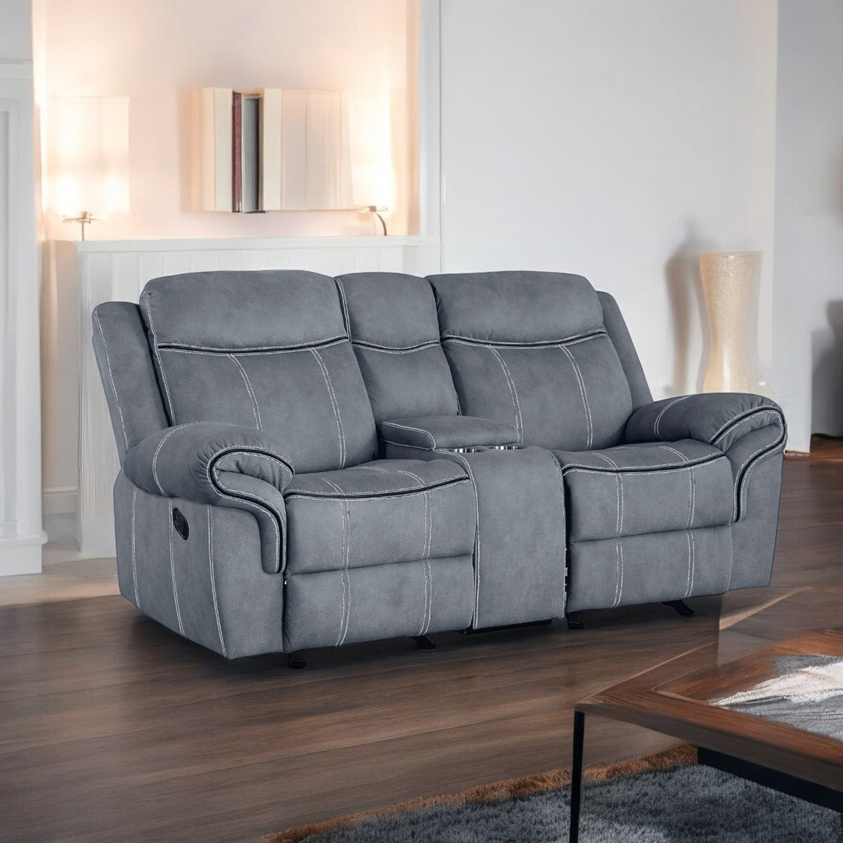 Zubaida Two Tone Gray Velvet Recliner Loveseat w/USB Port & Console