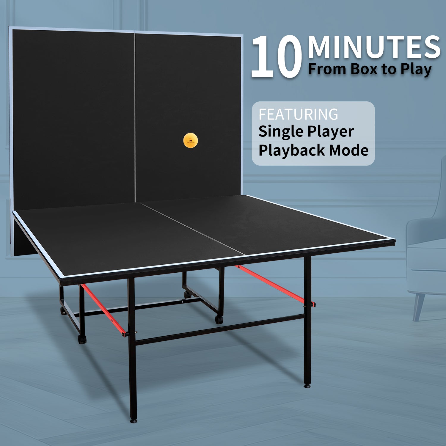 9ft Mid-Size Table Tennis Table Foldable & Portable Ping Pong Table Set for Indoor Games with Net, 2 Table Tennis Paddles and 3 Balls