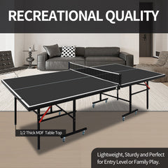 8ft Black Mid-Size Table Tennis Table Foldable & Portable Ping Pong Table Set for Indoor Games with Net, 2 Table Tennis Paddles and 3 Balls