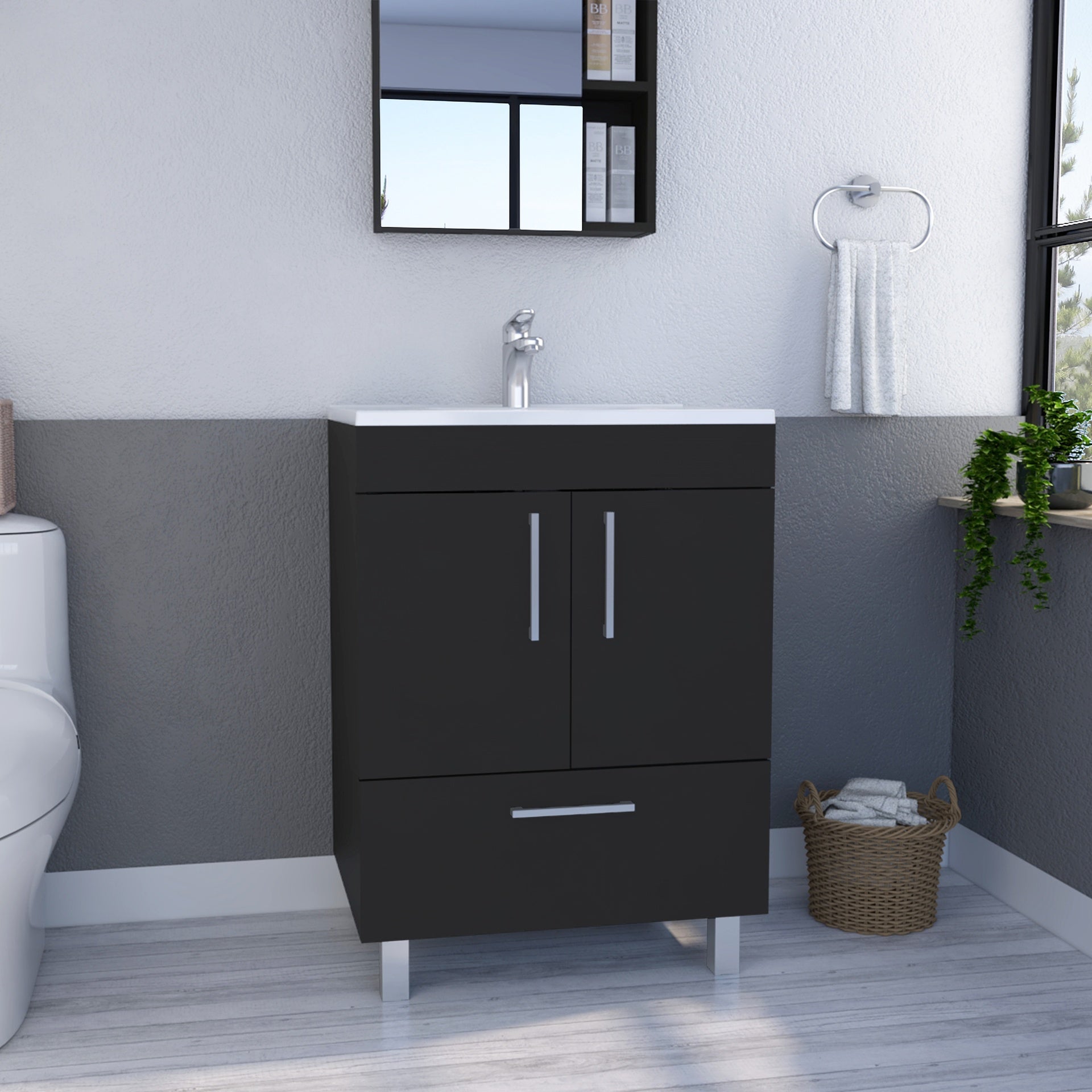 Single Bathroom Vanity with Sink, One Draw, Double Door Cabinet, Black