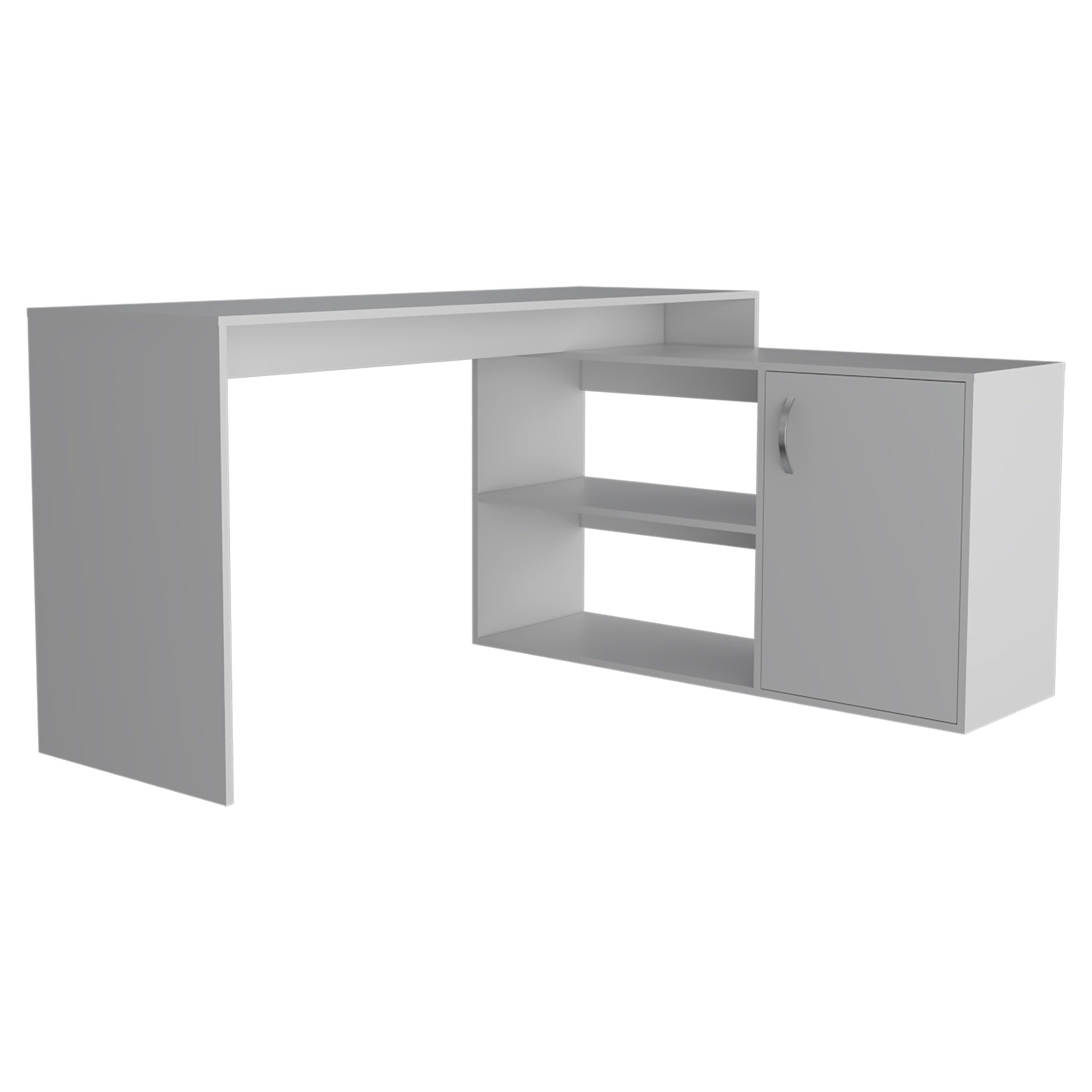 L-Shaped Desk, Single Door Cabinet, Two Open Shelves, Two Interior Shelves, White