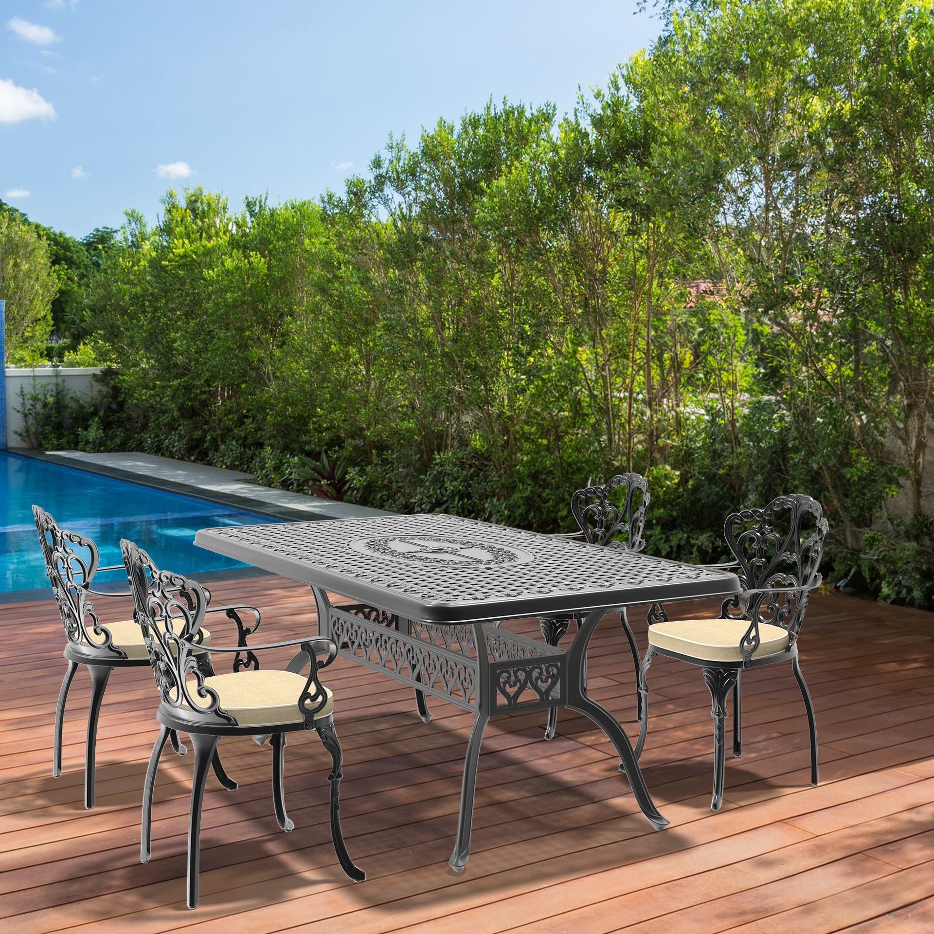 5-Piece Set Of Cast Aluminum Patio Furniture With Black Frame and Off-white Seat Cushions(same as: W1710S00101)