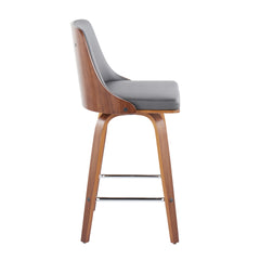 Gianna Mid-Century Modern Fixed-Height Counter Stool with Swivel in Walnut Wood and Grey Faux Leather with Square Chrome Metal Footrest by LumiSource - Set of 2