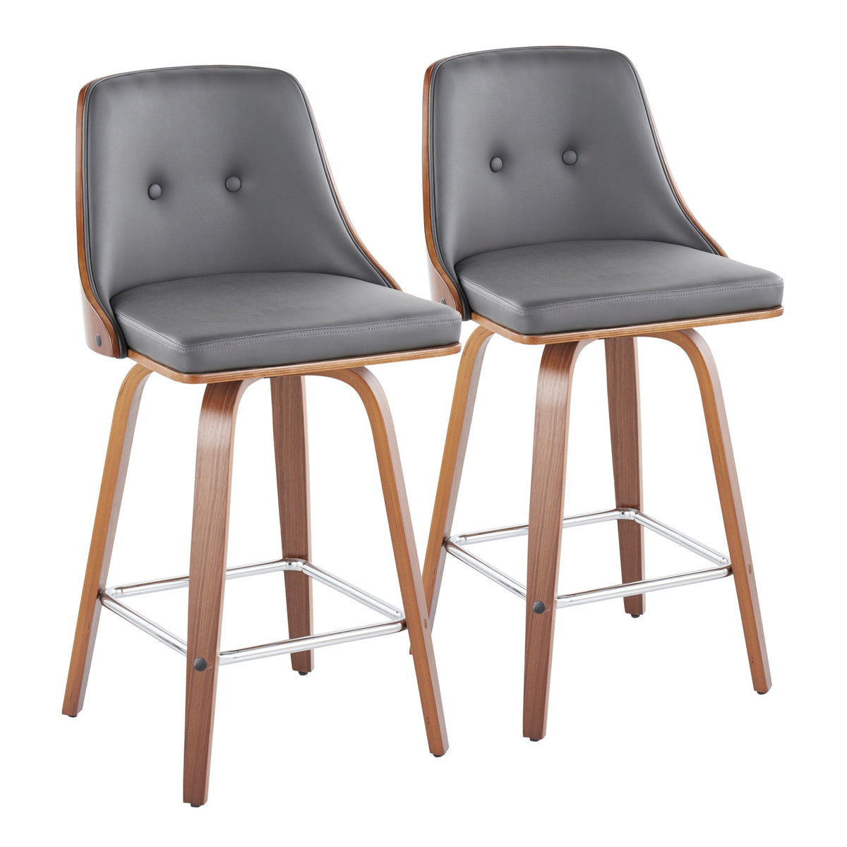 Gianna Mid-Century Modern Fixed-Height Counter Stool with Swivel in Walnut Wood and Grey Faux Leather with Square Chrome Metal Footrest by LumiSource - Set of 2