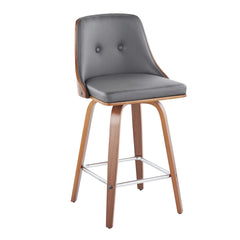 Gianna Mid-Century Modern Fixed-Height Counter Stool with Swivel in Walnut Wood and Grey Faux Leather with Square Chrome Metal Footrest by LumiSource - Set of 2