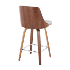 Gianna Mid-Century Modern Fixed-Height Counter Stool with Swivel in Walnut Wood and Light Grey Faux Leather with Square Chrome Metal Footrest by LumiSource - Set of 2